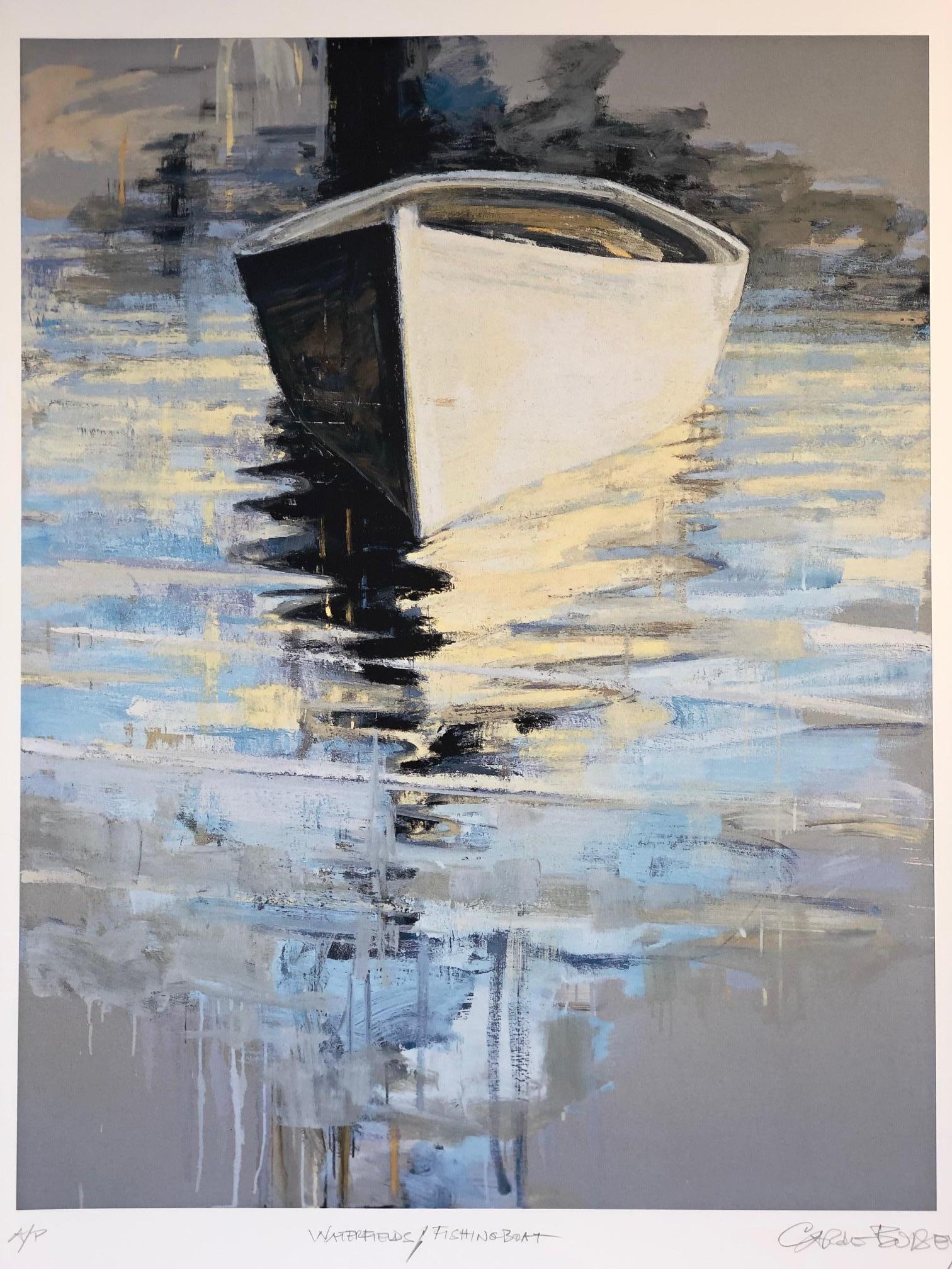 Carole Bolsey Landscape Print - "Waterfields Fishing Boat" Painterly scene of boat reflecting in blue water