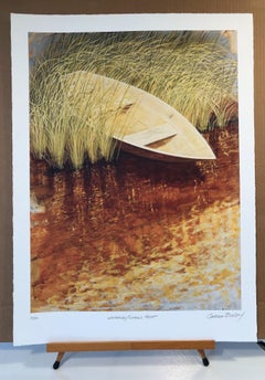 "Waterfields Water's Edge" Small row boat in the reeds sienna and yellow water.