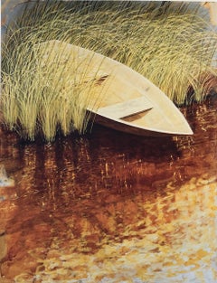 "Waterfields Water's Edge" Small row boat in the reeds sienna and yellow water.