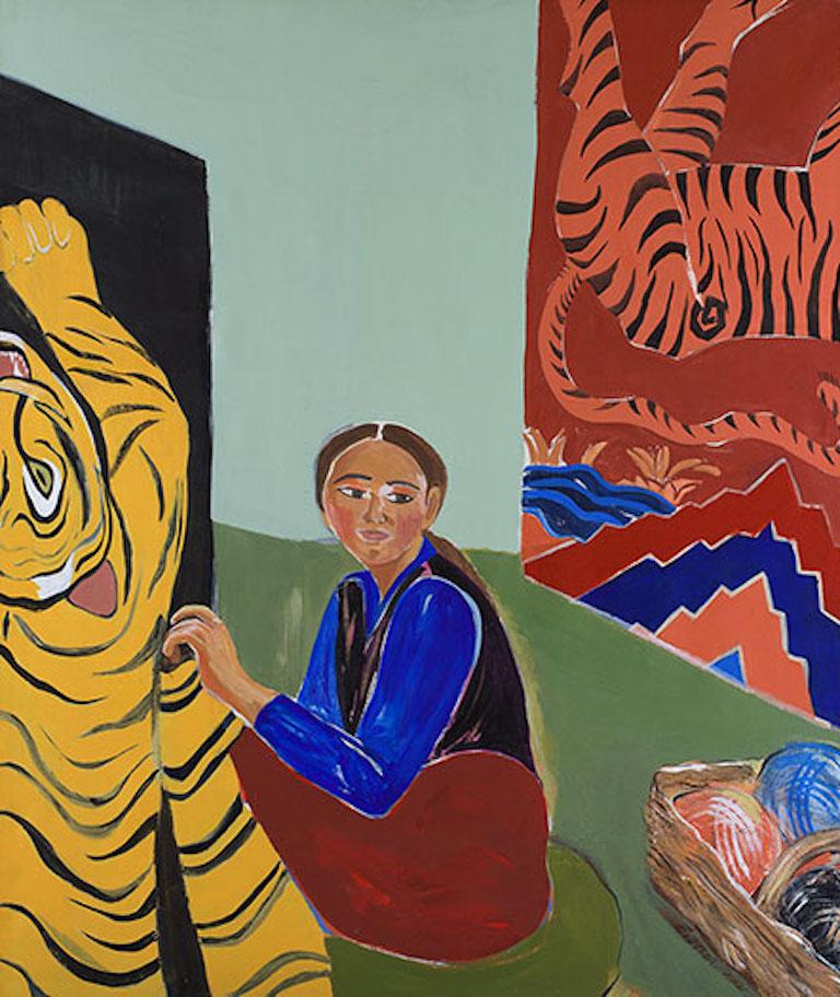 Figurative Painting di Carole Eisner - Tappeti. Acrilico su tela, ritratto di negoziante cambogiano e tessuti