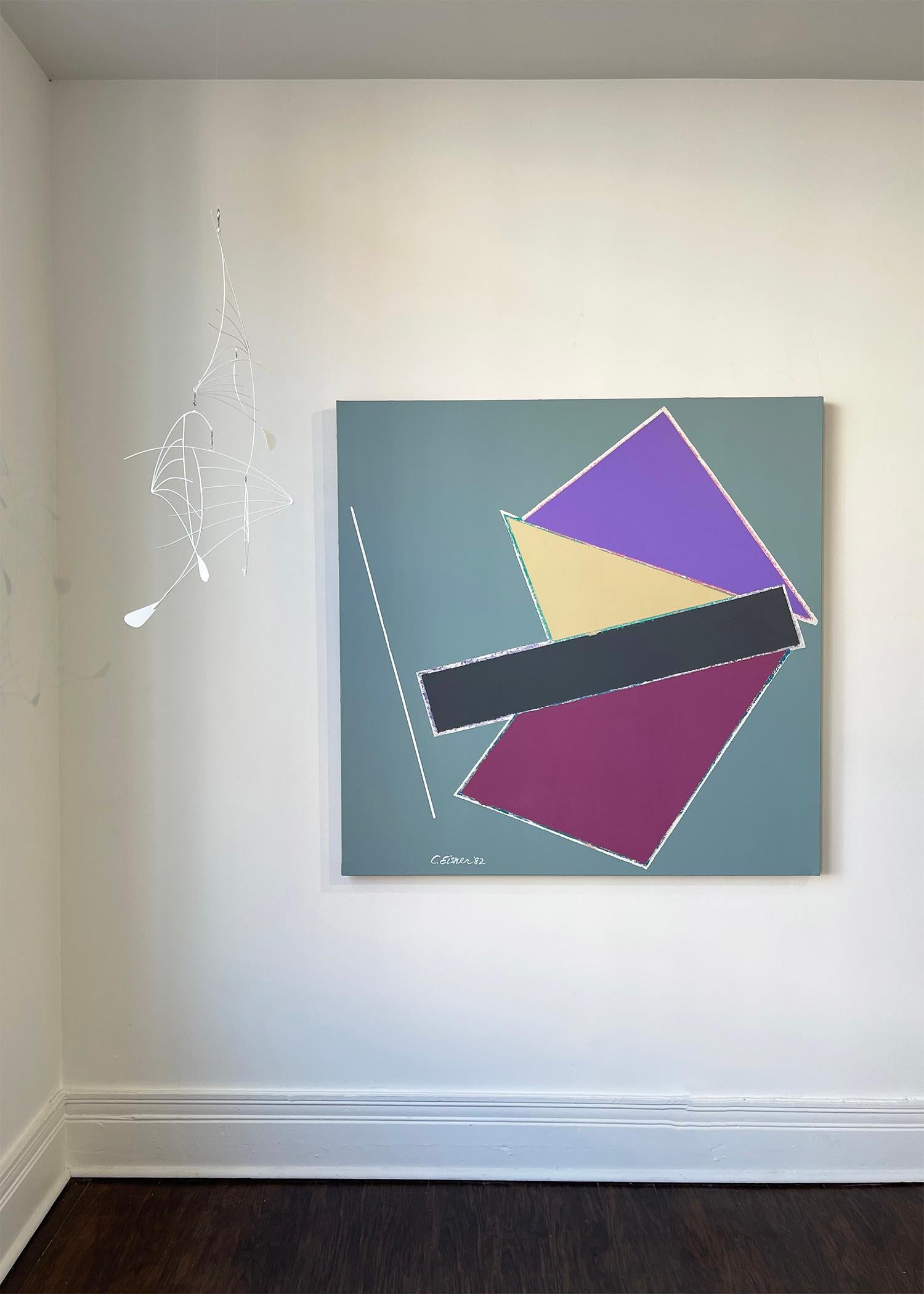 Chira (pintura geométrica, morada, azul, acrílico sobre papel) en venta 1