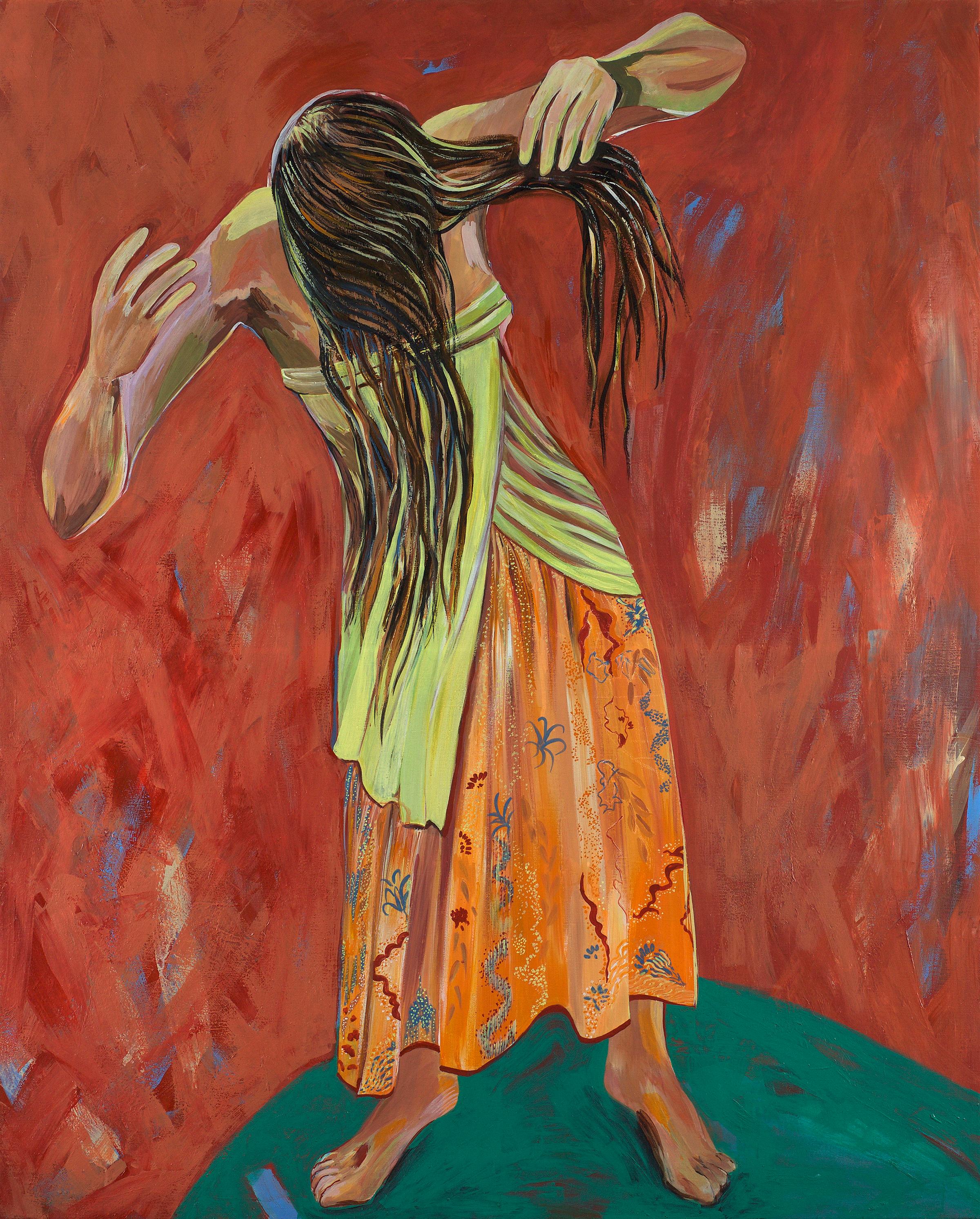 Carole Eisner Figurative Painting - Shampoo, Cambodian woman washing her hair, red and green painting