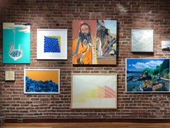 L'incantatore di serpenti,  dipinto figurativo di uomo indigeno, arancione