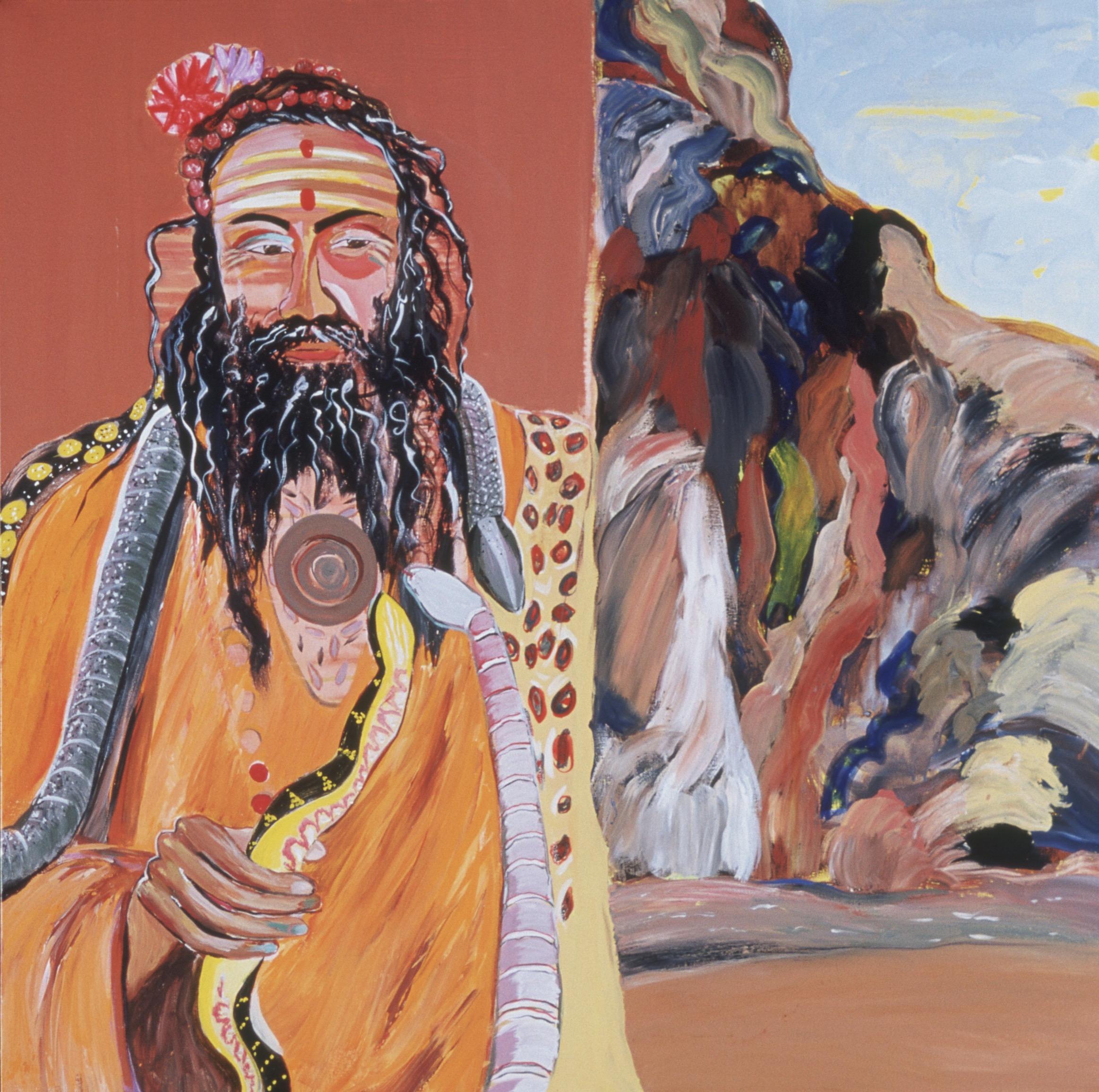 Figurative Painting de Carole Eisner - El Encantador de Serpientes,  pintura figurativa de hombre indígena, naranja