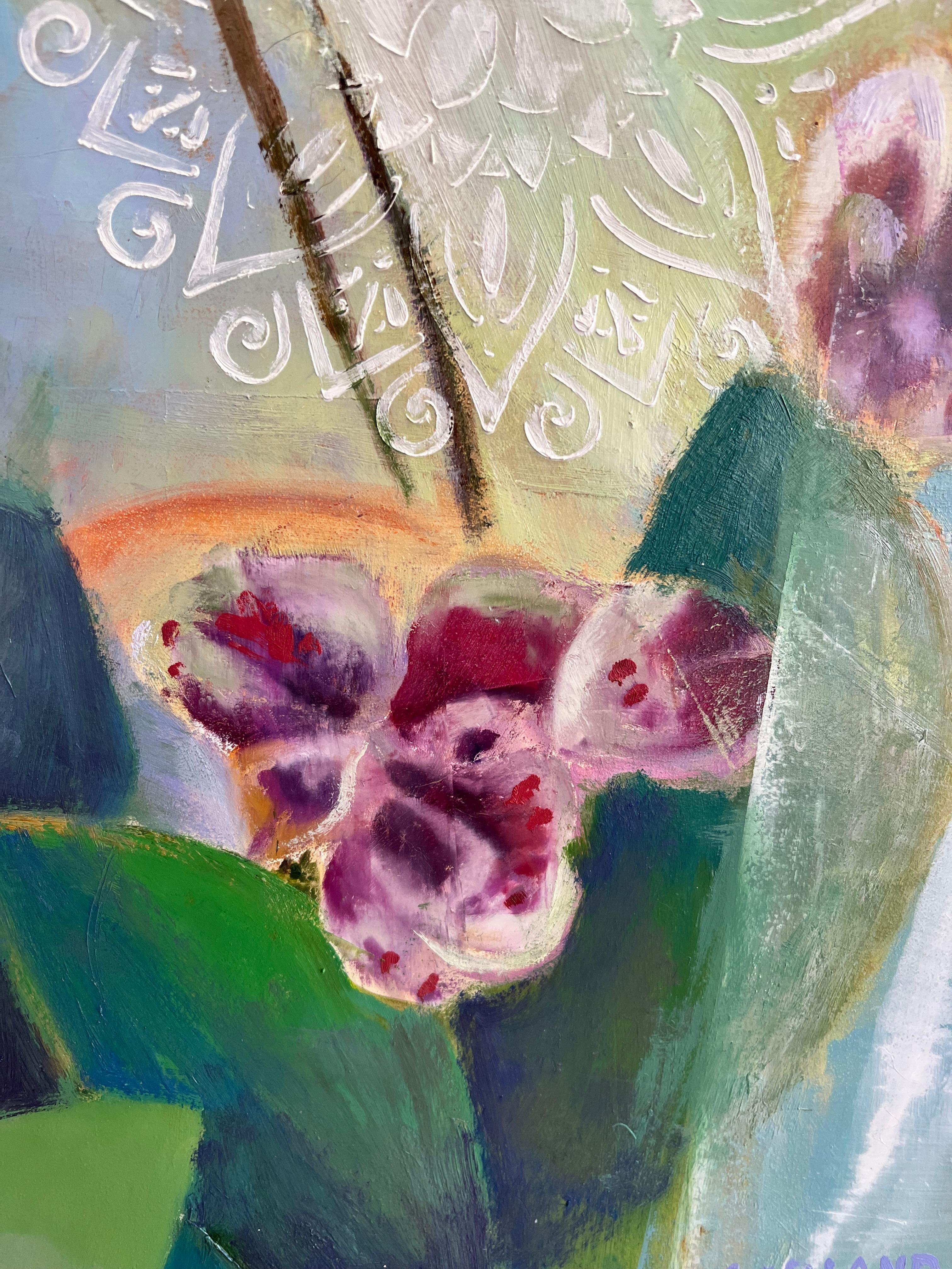 Descriptive text: Cellophane wrapped orchids caught the eye of artist Carole Garland, and she chose to paint the peekaboo flowers in this abstracted oil painting. This is a new subject for the artist, who has painted landscapes, cityscapes and
