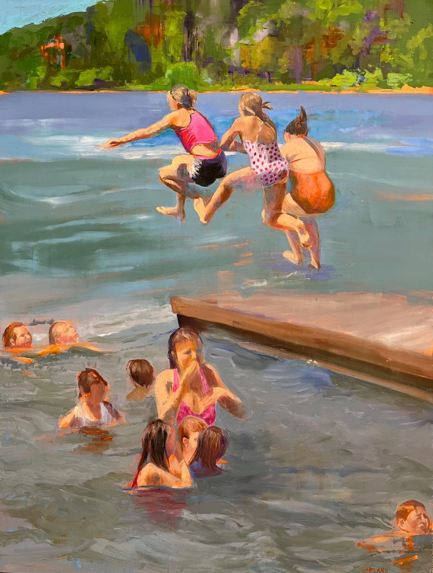 Figurative Painting di Carole Garland - Il salto dal molo di Moon Lake