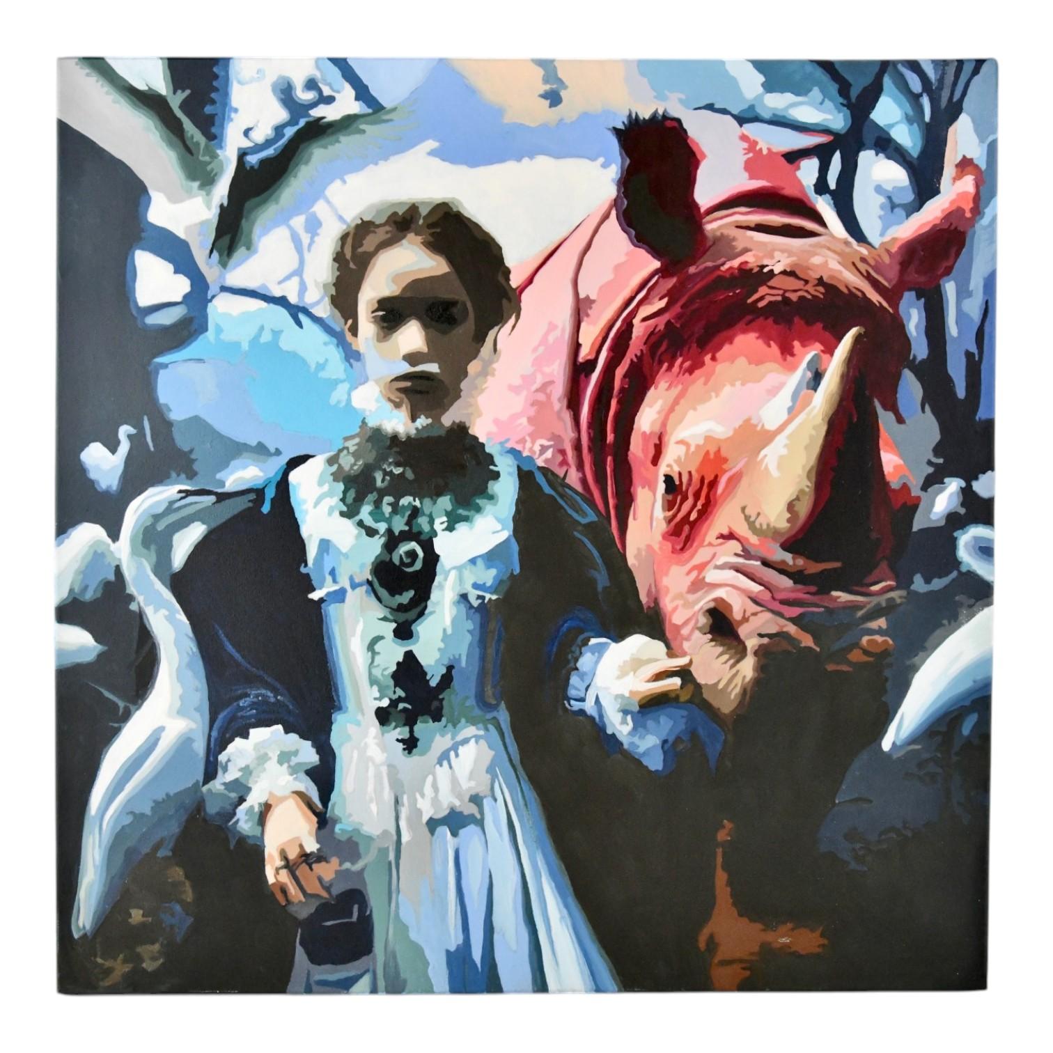 Dipinto a olio “Ragazza e rinoceronte” di Carole Grandgirard, Francia 2025.