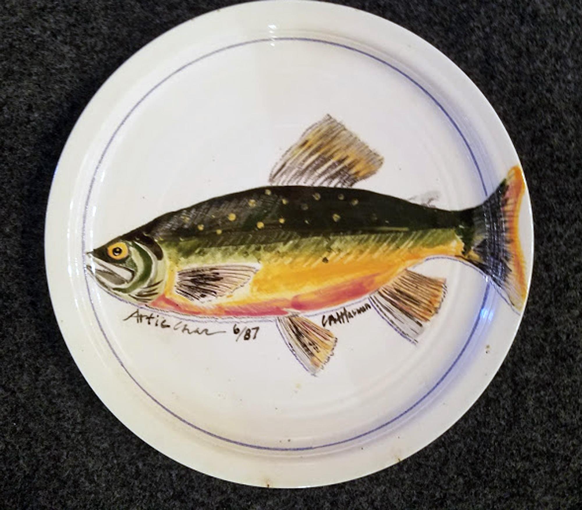 Organic Modern Carole Harman Ceramic Dishes Painted with Fish, Arctic Char & Ouananiche Salmon For Sale
