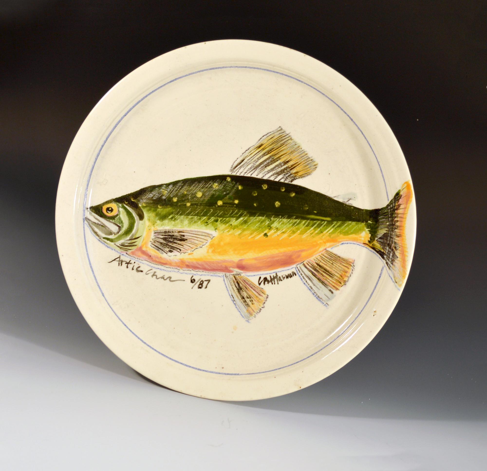 American Carole Harman Ceramic Dishes Painted with Fish, Arctic Char & Ouananiche Salmon For Sale