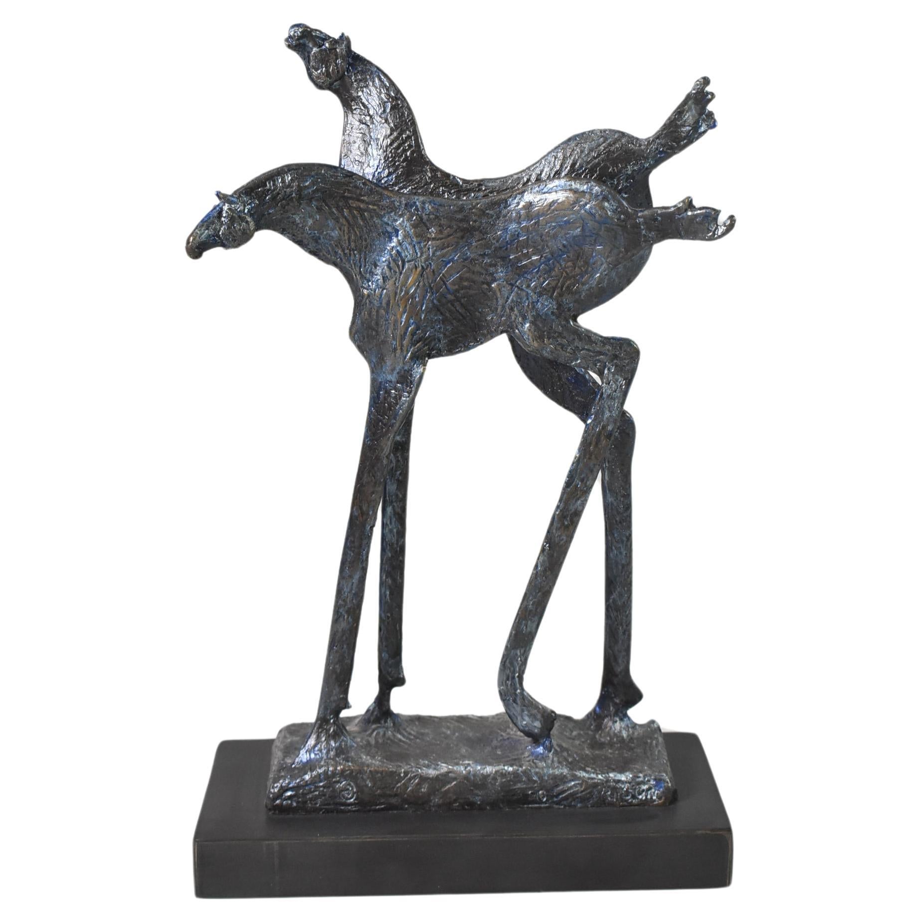Scultura modernista in bronzo fuso di Carole Harrison con 2 cavalli, altezza 10 1/4". in vendita