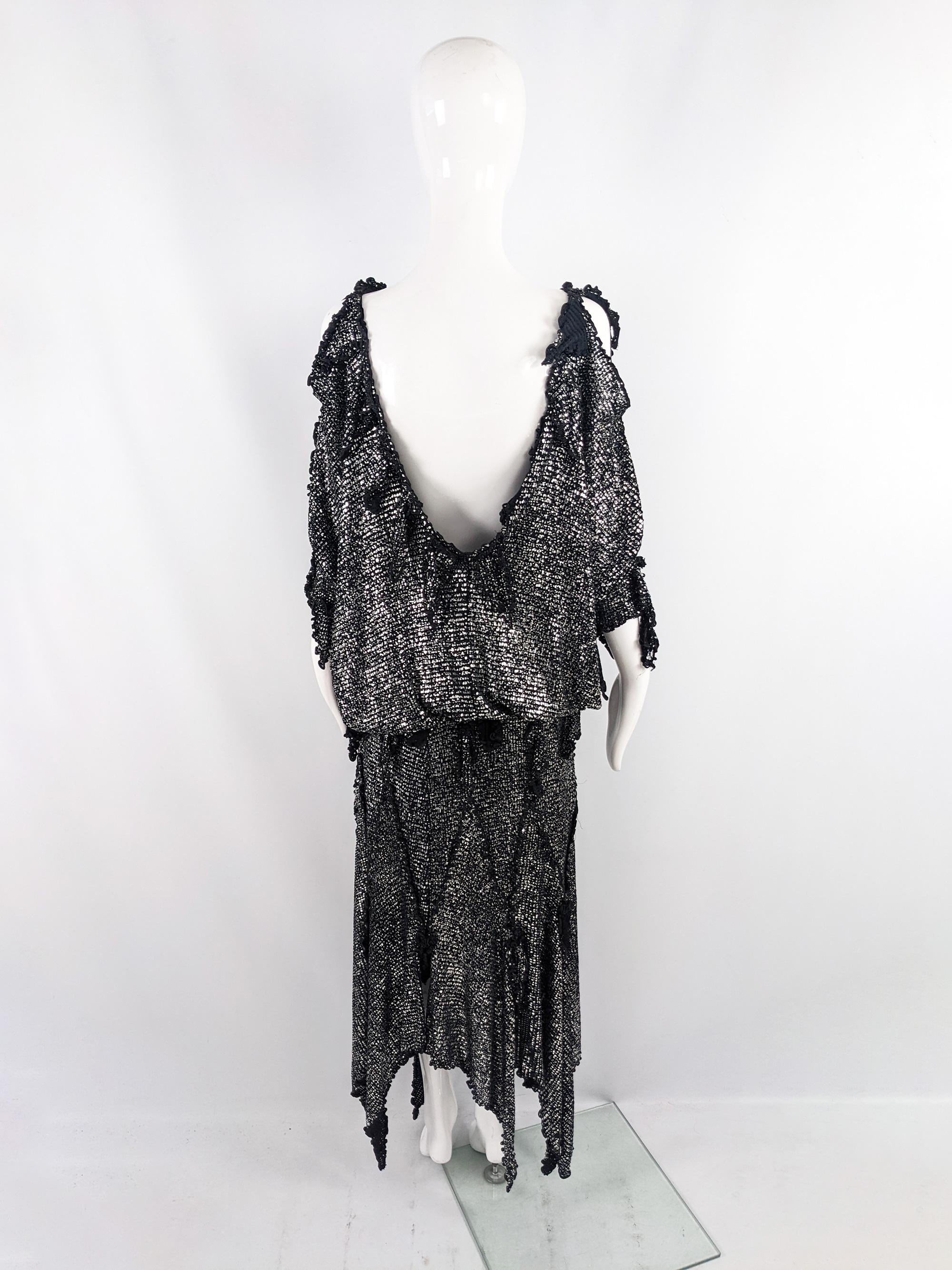 Carole Lee 1980s Vintage Silver & Black Oversized Blouse & Maxi Skirt Suit  2