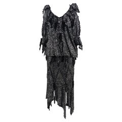 Carole Lee 1980s Vintage Silver & Black Oversized Blouse & Maxi Skirt Suit 