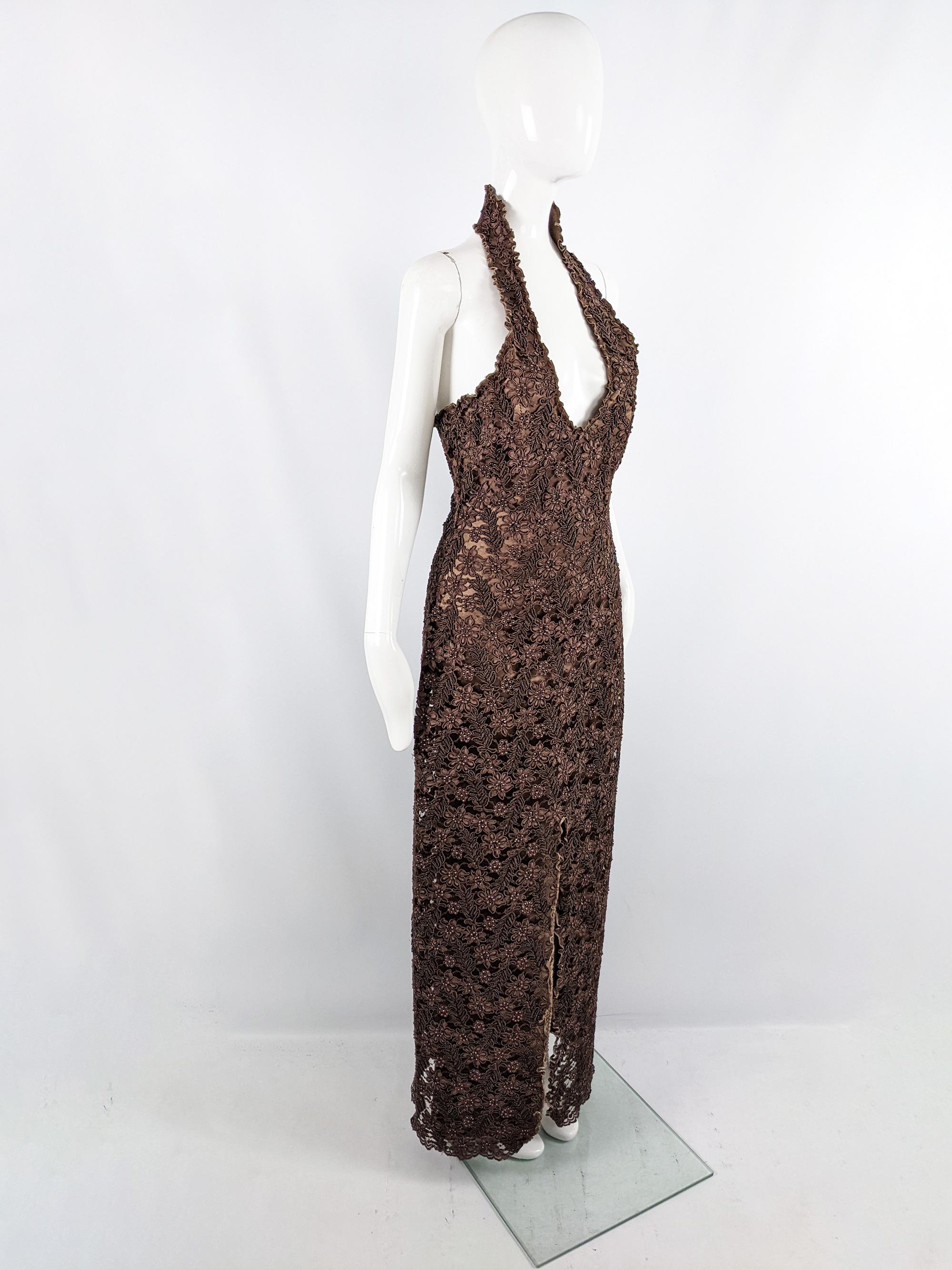 Carole Lee Vintage Sexy Deep Plunge Brown Beaded Halter Neck Evening Gown Dress In Excellent Condition For Sale In Doncaster, South Yorkshire