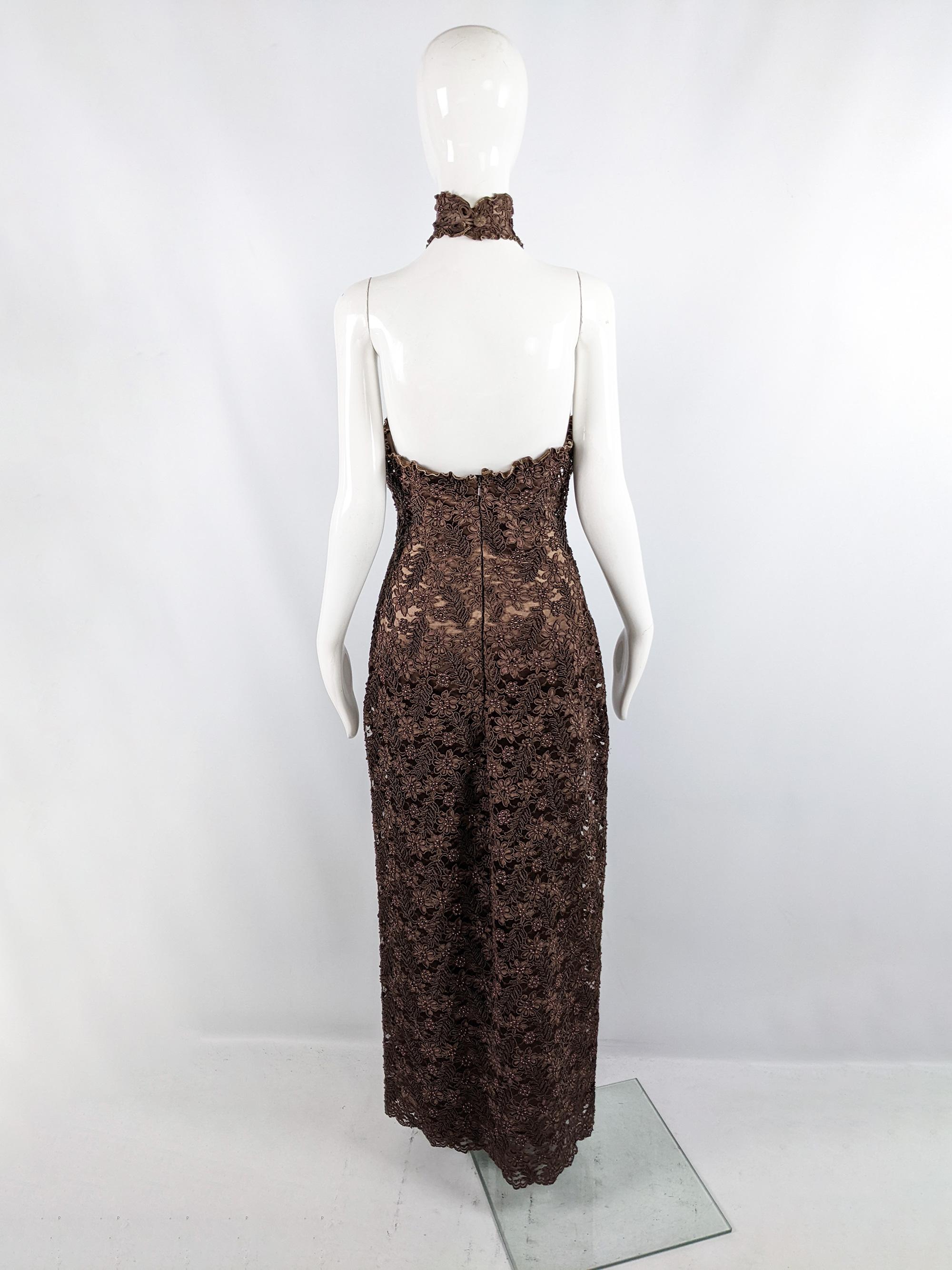 Carole Lee Vintage Sexy Deep Plunge Brown Beaded Halter Neck Evening Gown Dress For Sale 2