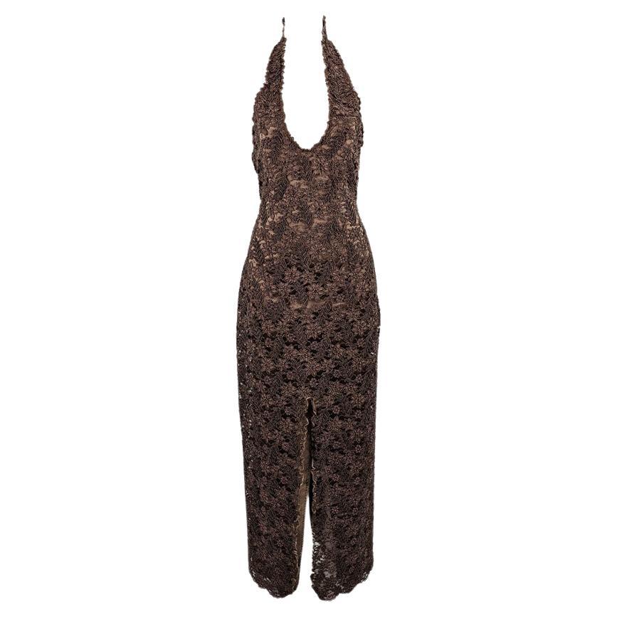 Carole Lee Vintage Sexy Deep Plunge Brown Beaded Halter Neck Evening Gown Dress For Sale