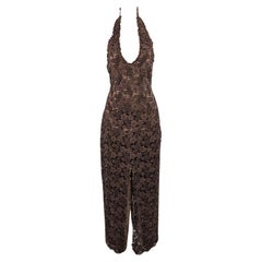 Carole Lee Vintage Sexy Deep Plunge Brown Beaded Halter Neck Evening Gown Dress