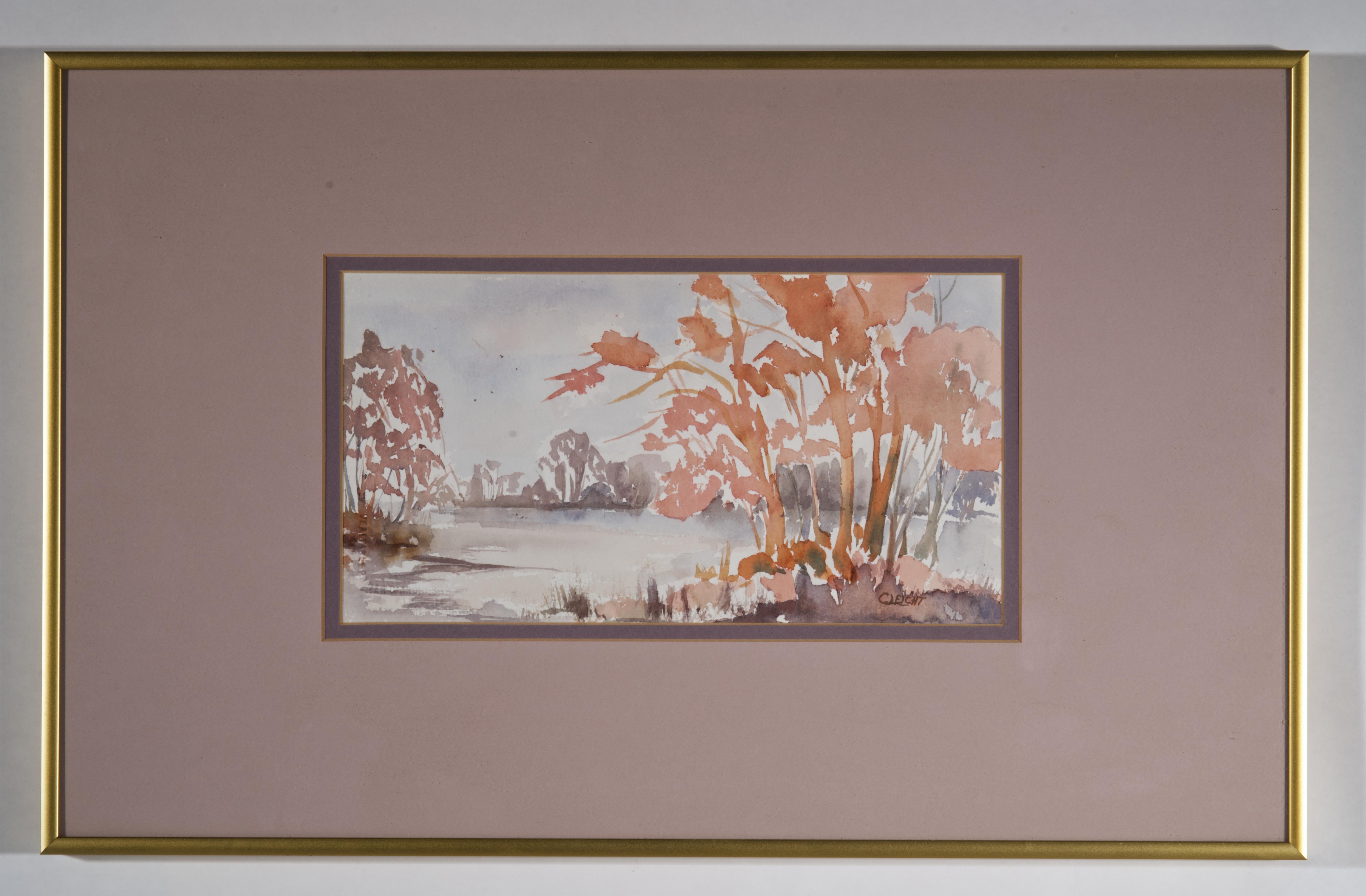  Vintage watercolor painting features a landscape view in calm, minimal palette. 

The original art piece was professionally framed with double matting; it is signed by the artist in the lower right corner and has the artist's card attached to the