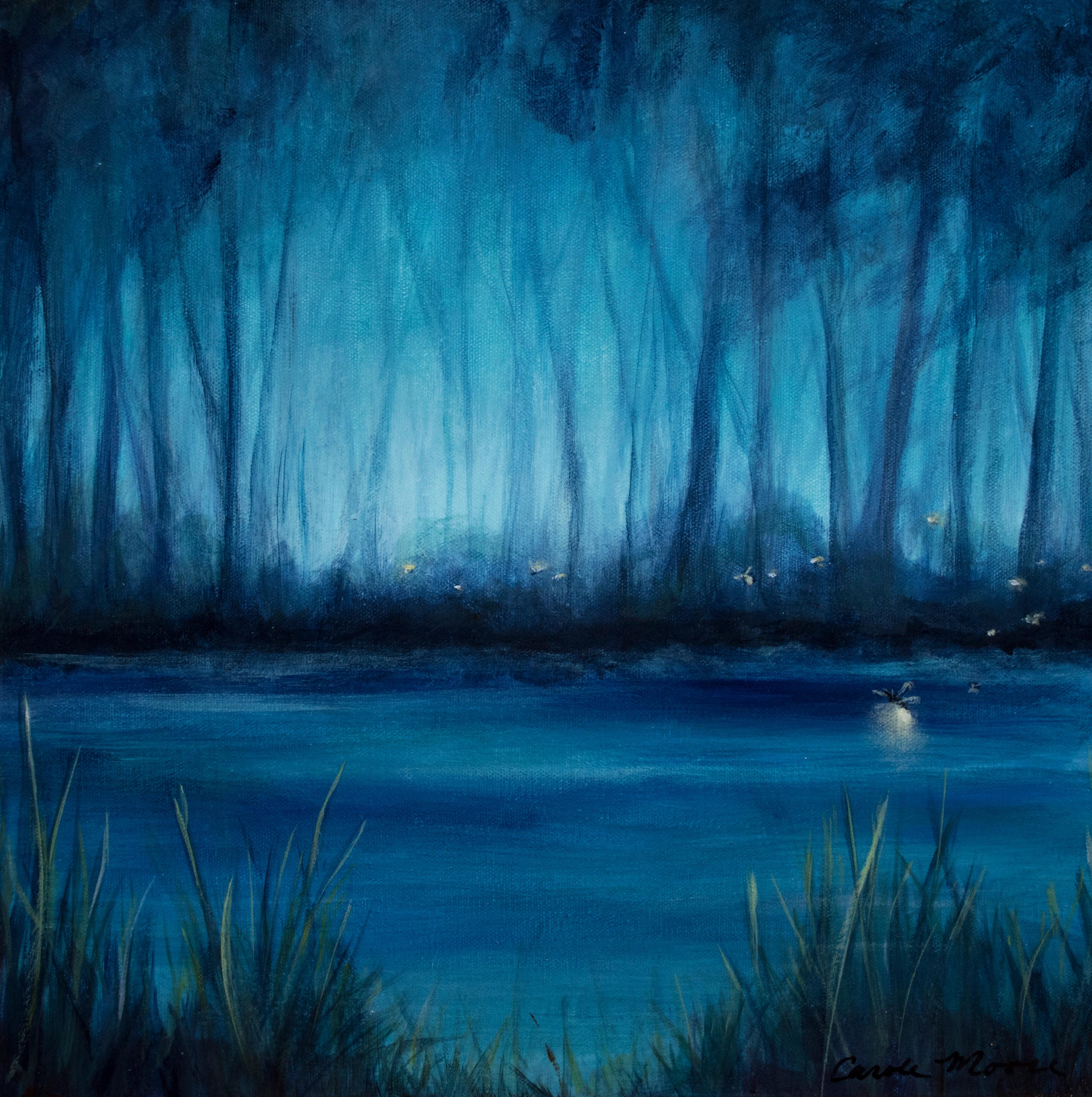 Blue Marsh I Carole Moore, Acrylic painting on stretched canvas
Finished black edges
Varnished and Ready to hang
One-of-a-kind
Signed on front
2018
16 in. h x 16 in. w x 1.5 in. d
1 lbs. 6 oz.  

Artist Comments 
The fireflies of my East Coast youth