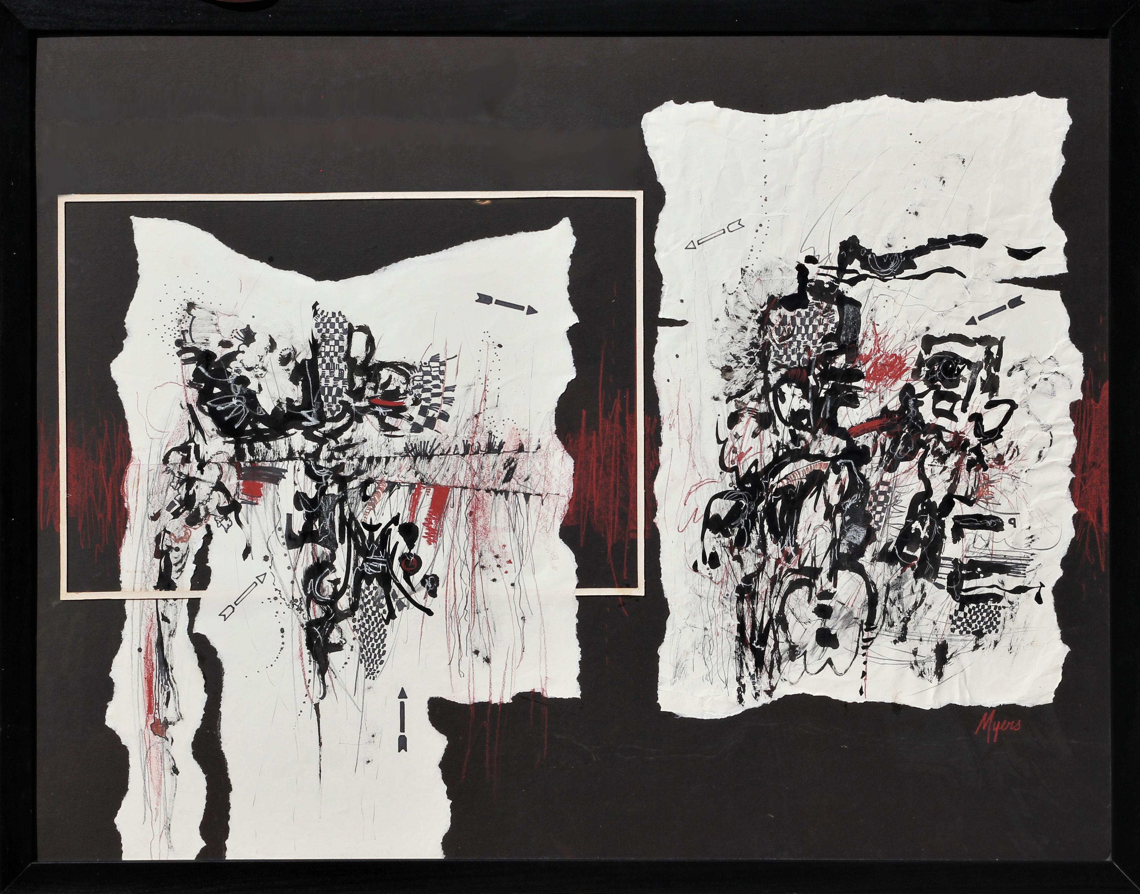 Carole Myers Abstract Painting - "Conversation with Klee" Black, White & Red Modern Abstract Mixed Media Painting