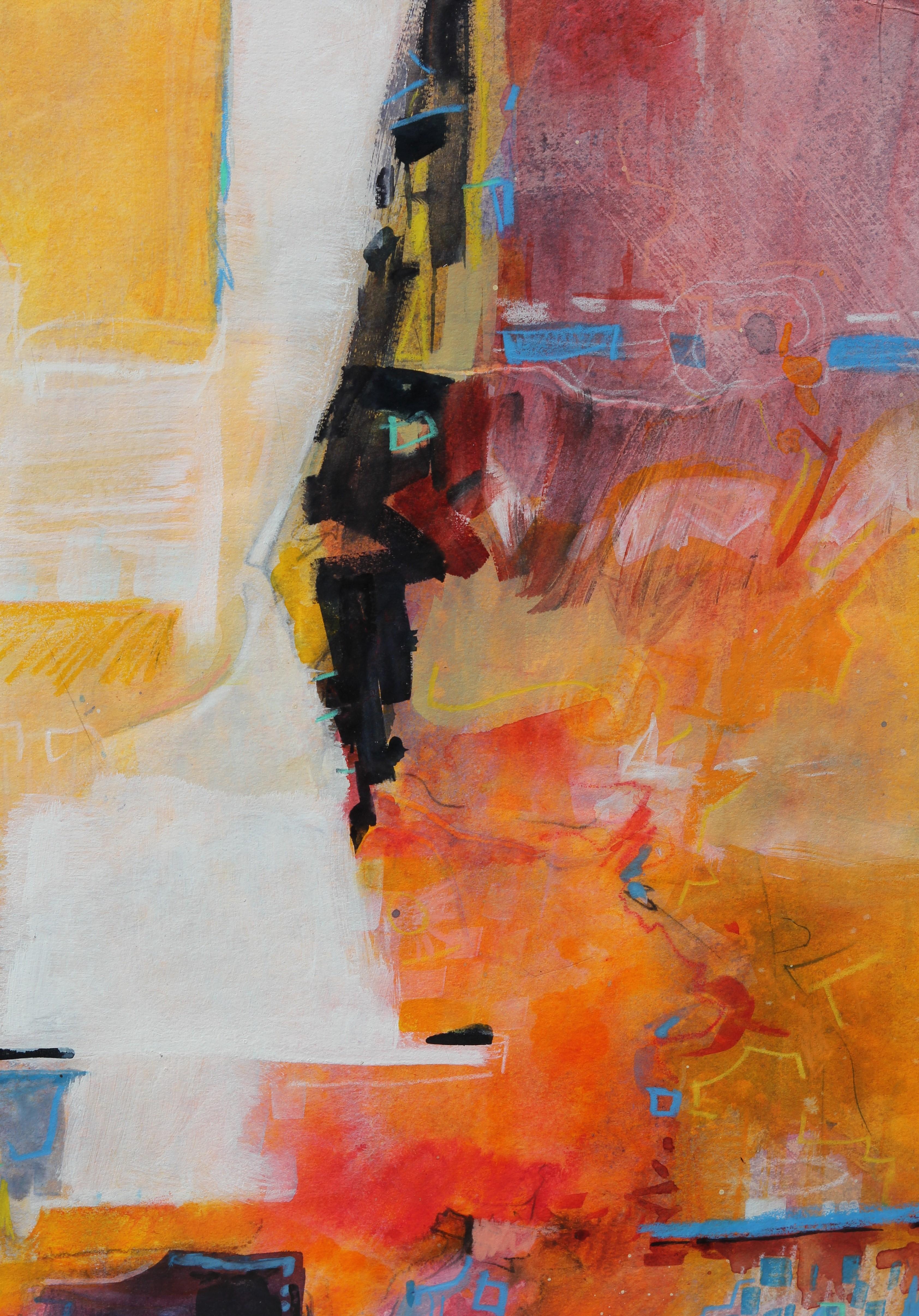 Pintura abstracta moderna en técnica mixta de color amarillo, naranja y rojo, de la artista tejana Carole Myers. La obra presenta trazos expresivos de colores brillantes que forman libremente una vista panorámica de Cuernavaca, México. La pieza está