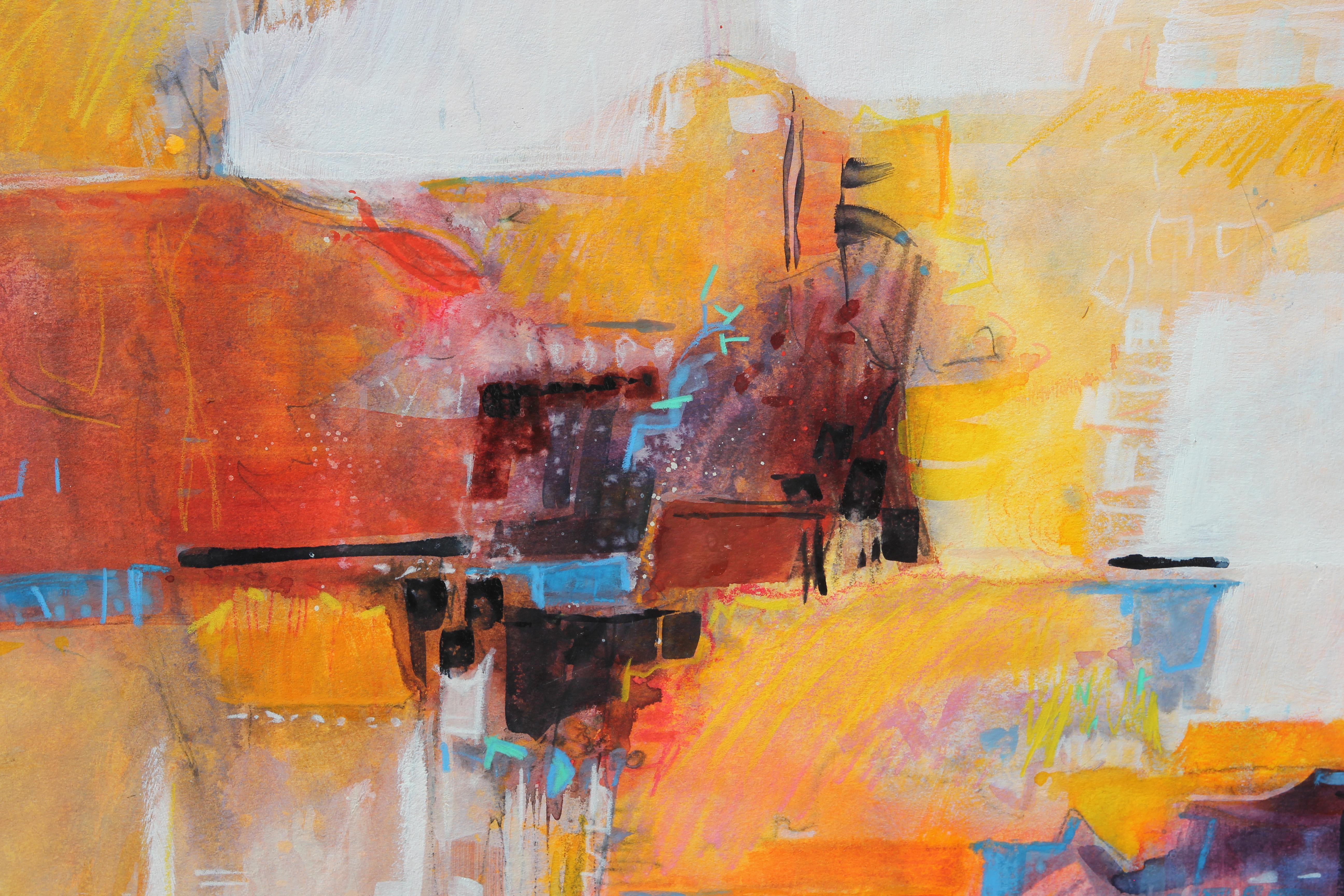 Yellow, orange, and red modern abstract mixed media painting by Texas artist Carole Myers. The work features expressive strokes of bright colors loosely forming a panoramic view of Cuernavaca, Mexico. The piece is signed in the front lower right