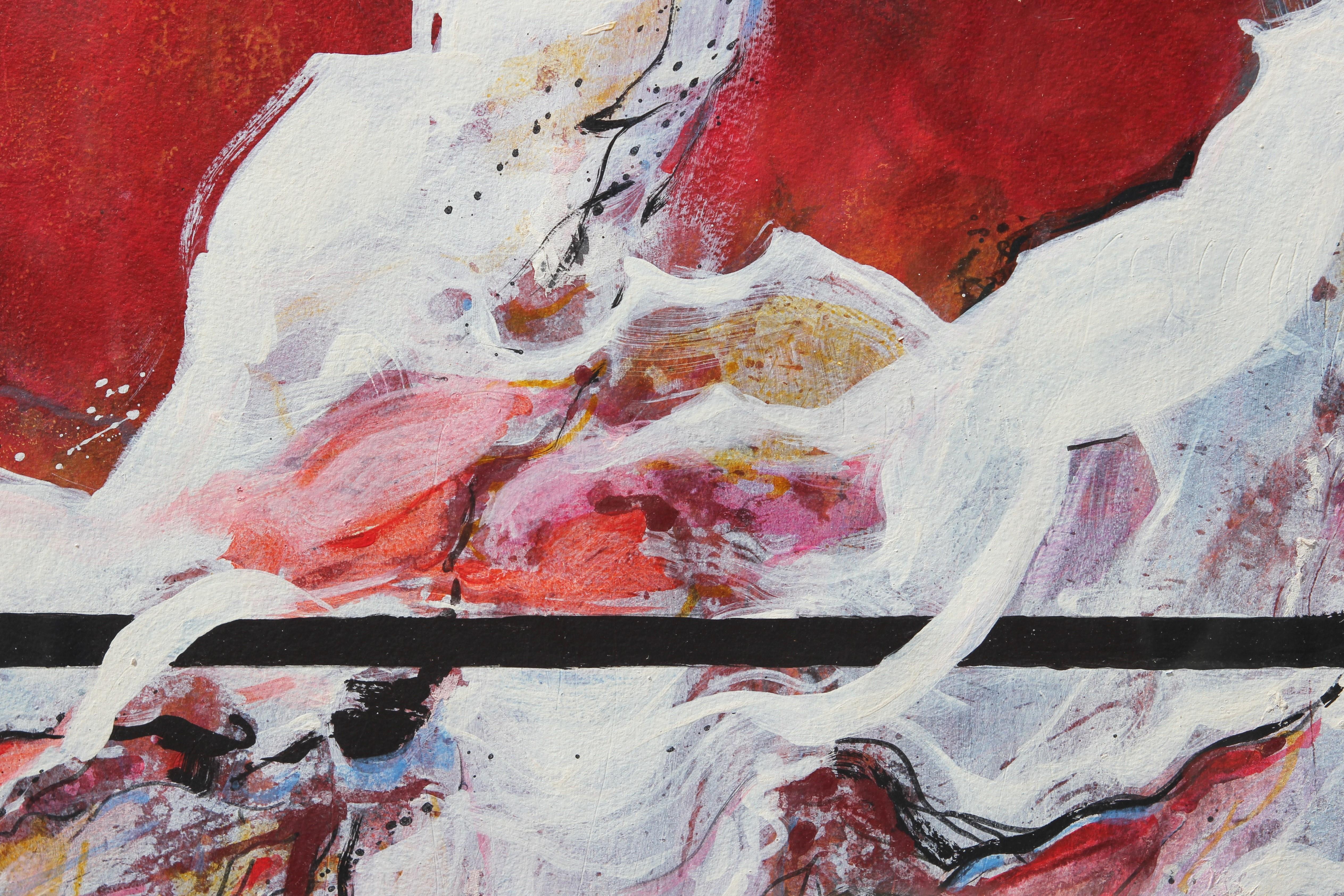 Modern red and white abstract expressionist mixed media painting by Texas artist Carole Myers. The work features expressive strokes of white against a red background. The piece is signed in the front lower right corner. Currently hung in a light