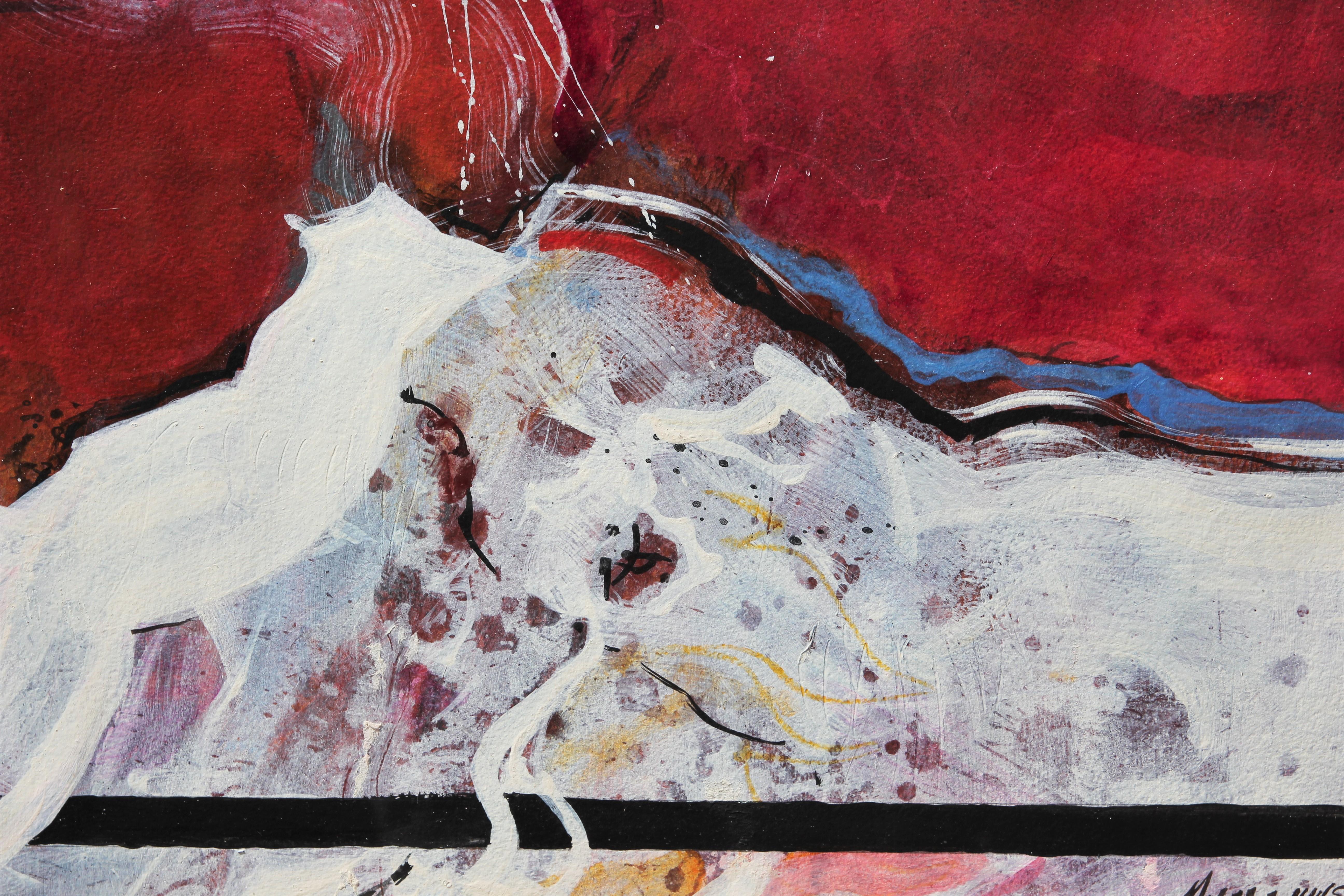 Peinture expressionniste abstraite moderne rouge et blanche réalisée par l'artiste texane Carole Myers. L'œuvre présente des traits expressifs de blanc sur un fond rouge. L'œuvre est signée dans le coin inférieur droit. Actuellement accroché dans un