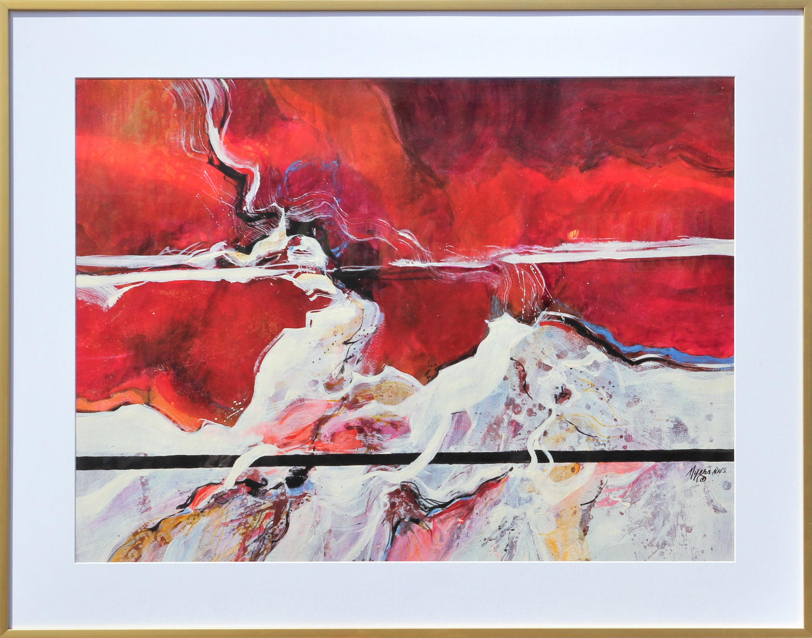 Carole Myers Abstract Painting - "Firedance" Modern Red and White Abstract Expressionist Mixed Media Painting