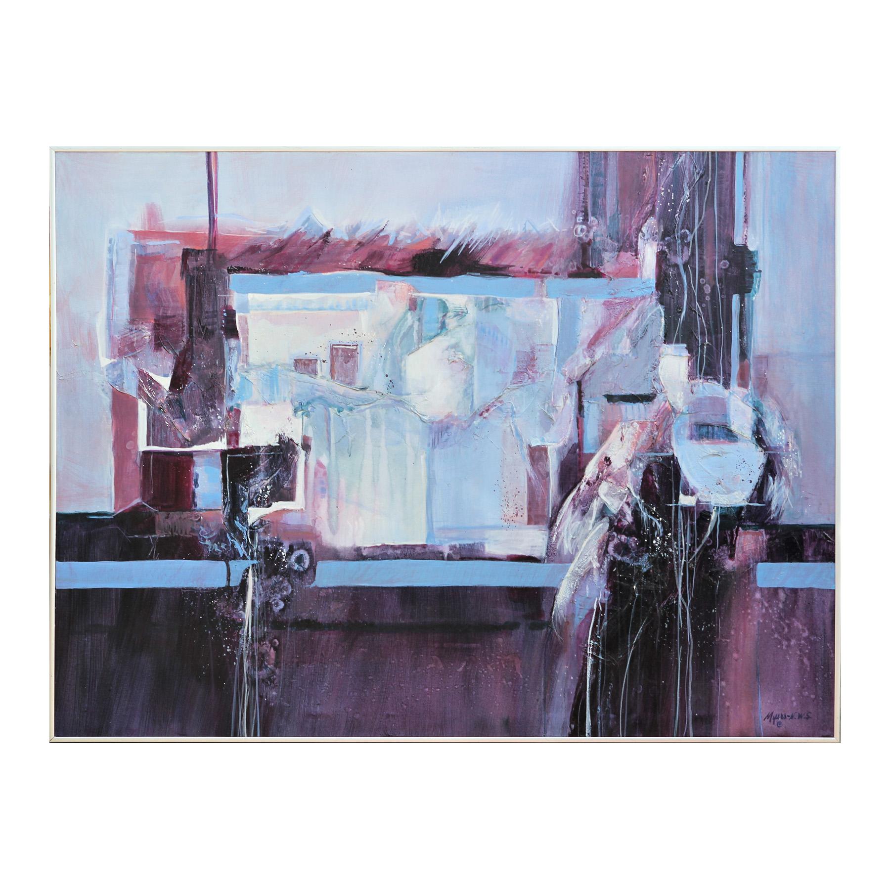 Blue and purple modern abstract mixed media painting by Texas artist Carole Myers. The work features expressive strokes of color loosely forming a view from a window in Cuernavaca, Mexico. The piece is signed in the front lower right corner.