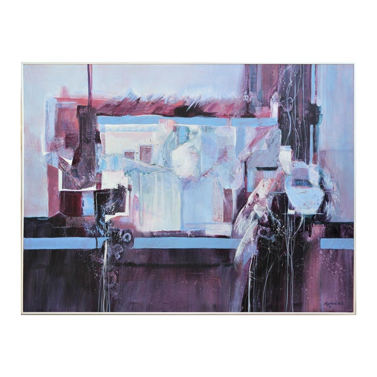 Blue and purple modern abstract mixed media painting by Texas artist Carole Myers. The work features expressive strokes of color loosely forming a view from a window in Cuernavaca, Mexico. The piece is signed in the front lower right corner.
