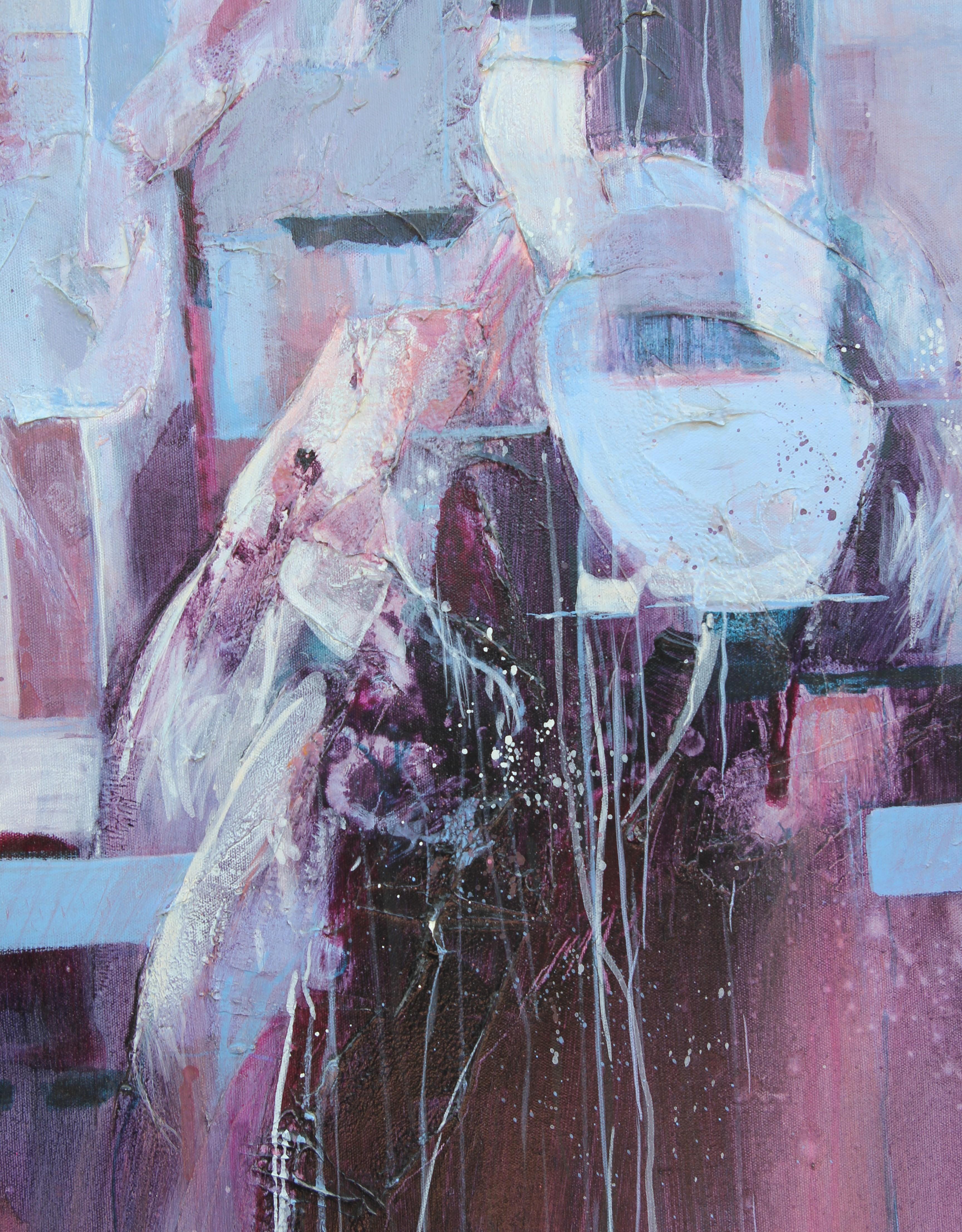 Quadro astratto moderno a tecnica mista blu e viola dell'artista texana Carole Myers. L'opera è caratterizzata da espressivi tratti di colore che formano vagamente una vista da una finestra di Cuernavaca, in Messico. Il pezzo è firmato nell'angolo
