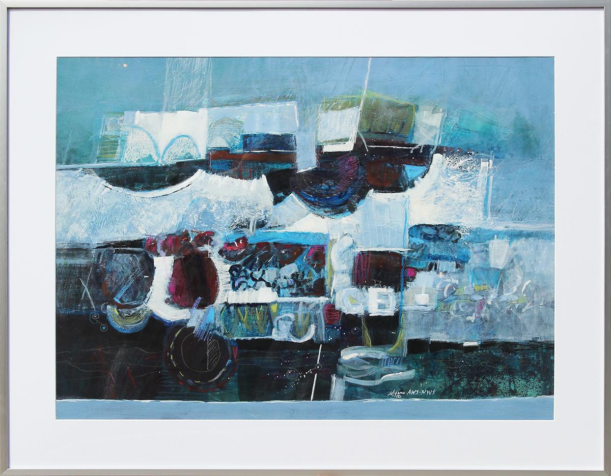 « Rockport Rhythms », peinture de paysage abstrait moderne bleue, blanche et violette