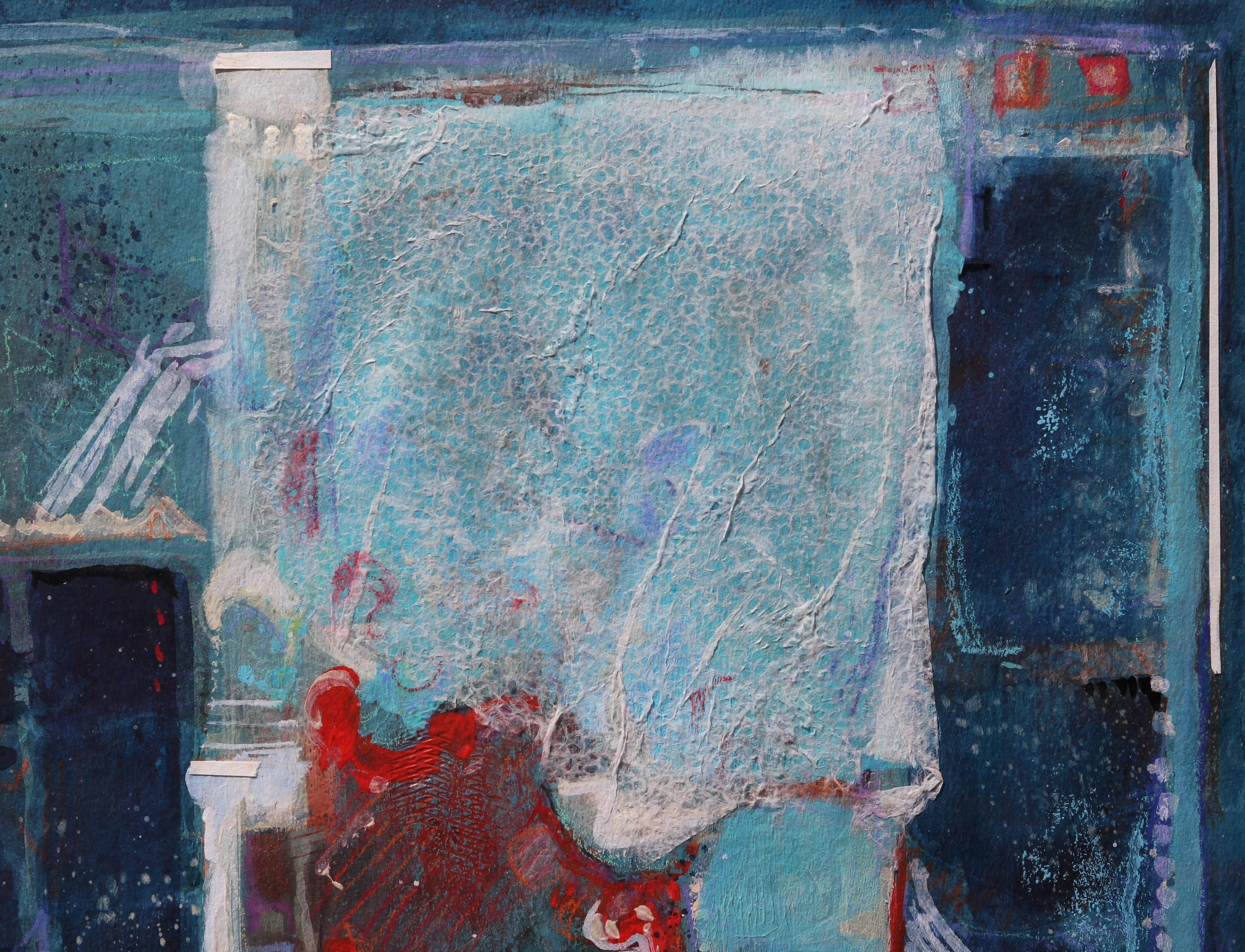 Blue, teal, and red modern abstract acrylic painting by Texas artist Carole Myers. The work features expressive strokes of cool toned colors accented by pops of red. The piece is signed in the front lower right corner. Currently hung in a metal