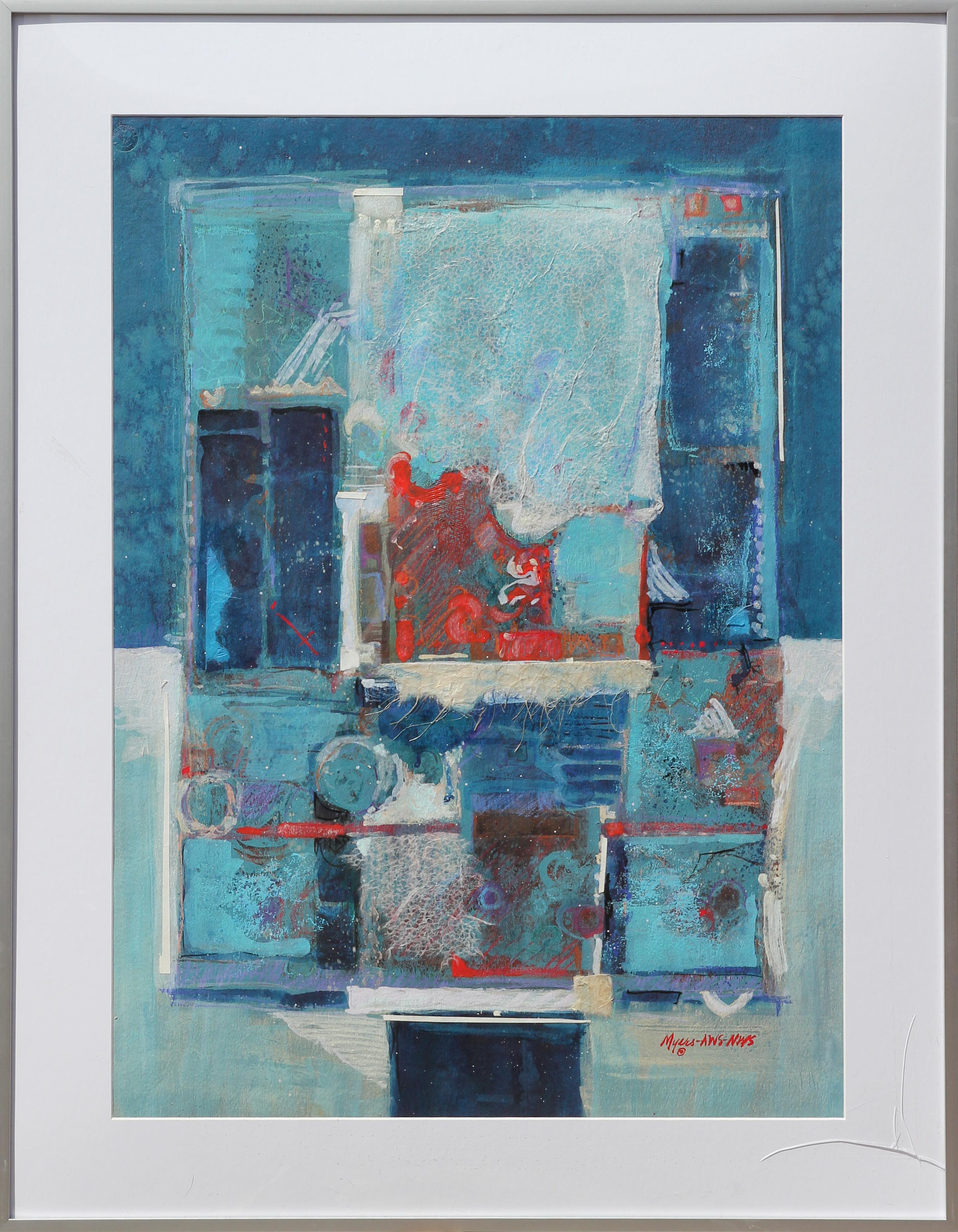Peinture abstraite moderne bleue, sarcelle et rouge « Secret Chamber XXIX »