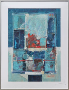 Peinture abstraite moderne bleue, sarcelle et rouge « Secret Chamber XXIX »