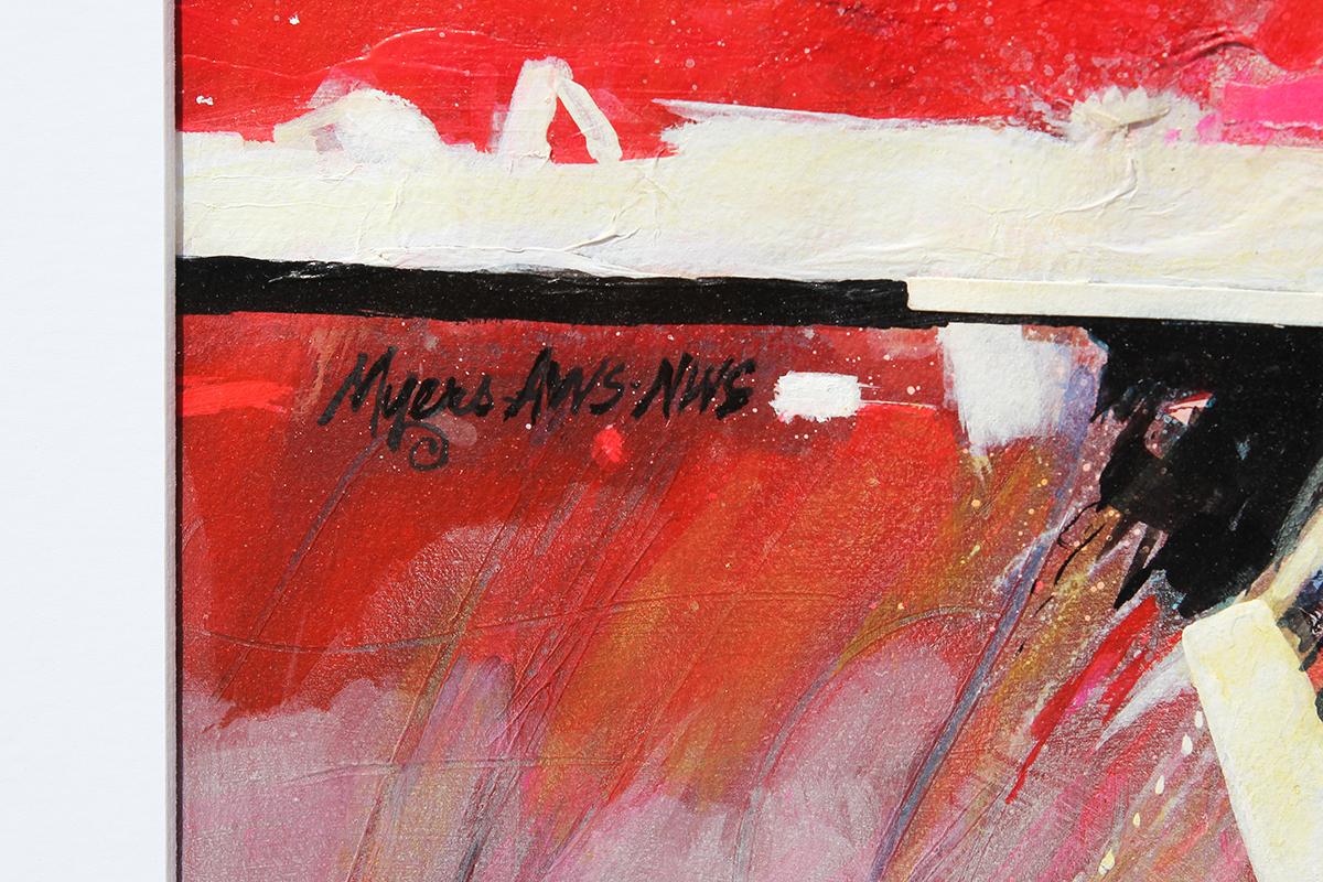 Modern abstract red, black, and white mixed media landscape painting by Texas artist Carole Myers. The work features expressive strokes of bright colors loosely forming a panoramic view of Sedona, Arizona. The piece is signed in the front lower left