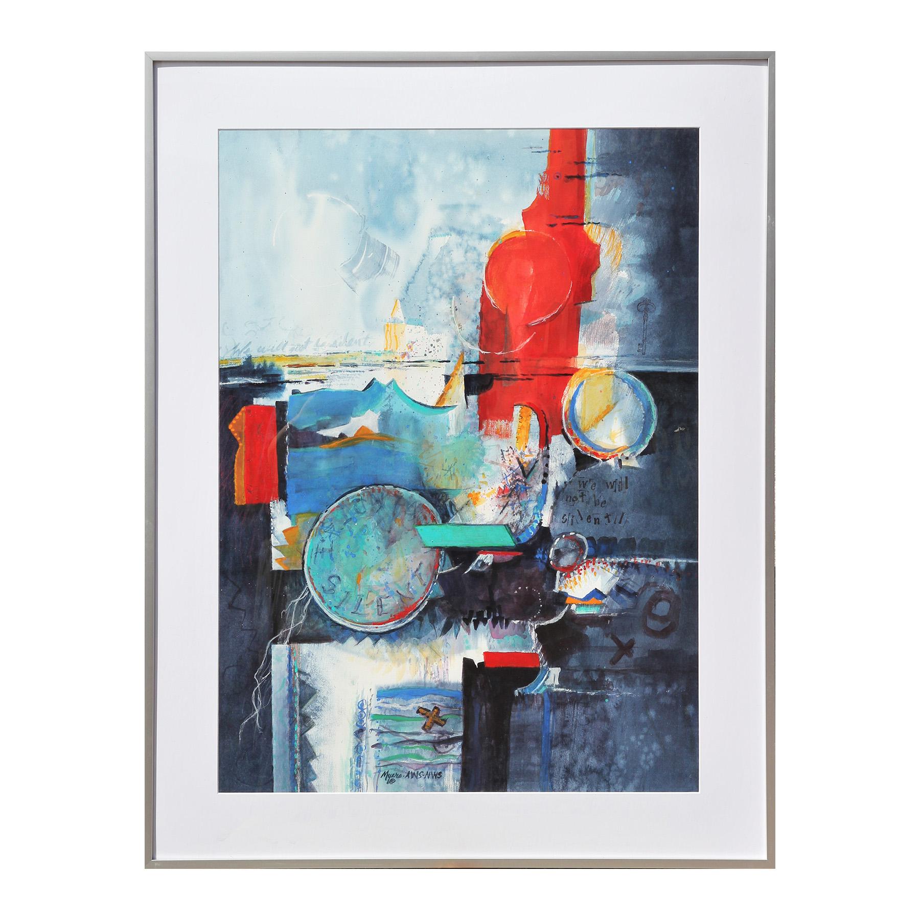 Blaues, rotes und gelbes modernes abstraktes Mixed-Media-Gemälde der texanischen Künstlerin Carole Myers. Das Werk zeichnet sich durch ausdrucksstarke Farbstriche aus, in denen der Satz 