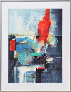 « The Message », peinture abstraite moderne multimédia colorée rouge, bleue et jaune