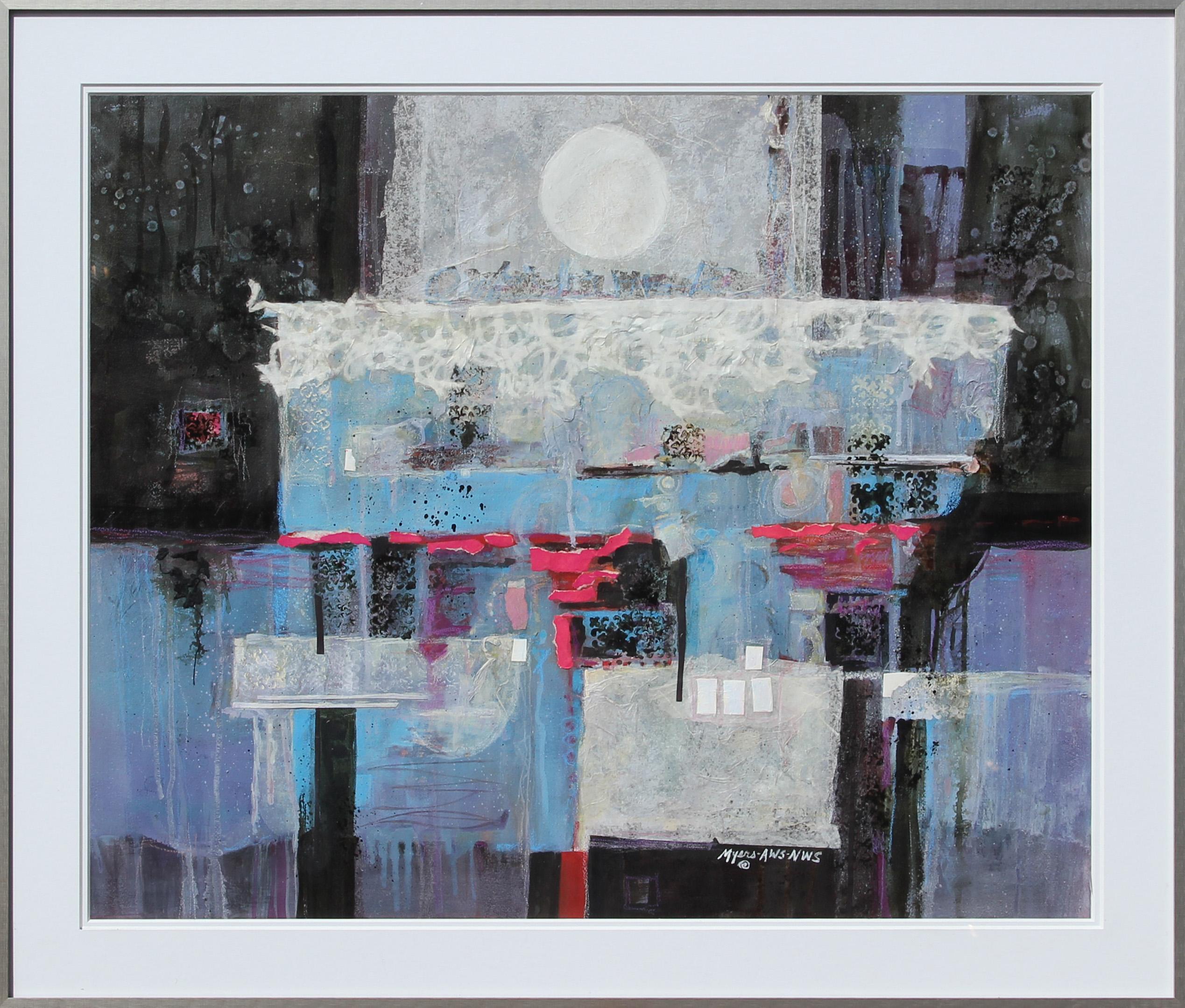 "The Moon was Full that Night" Modern Abstract Night Landscape Painting - Mixed Media Art by Carole Myers