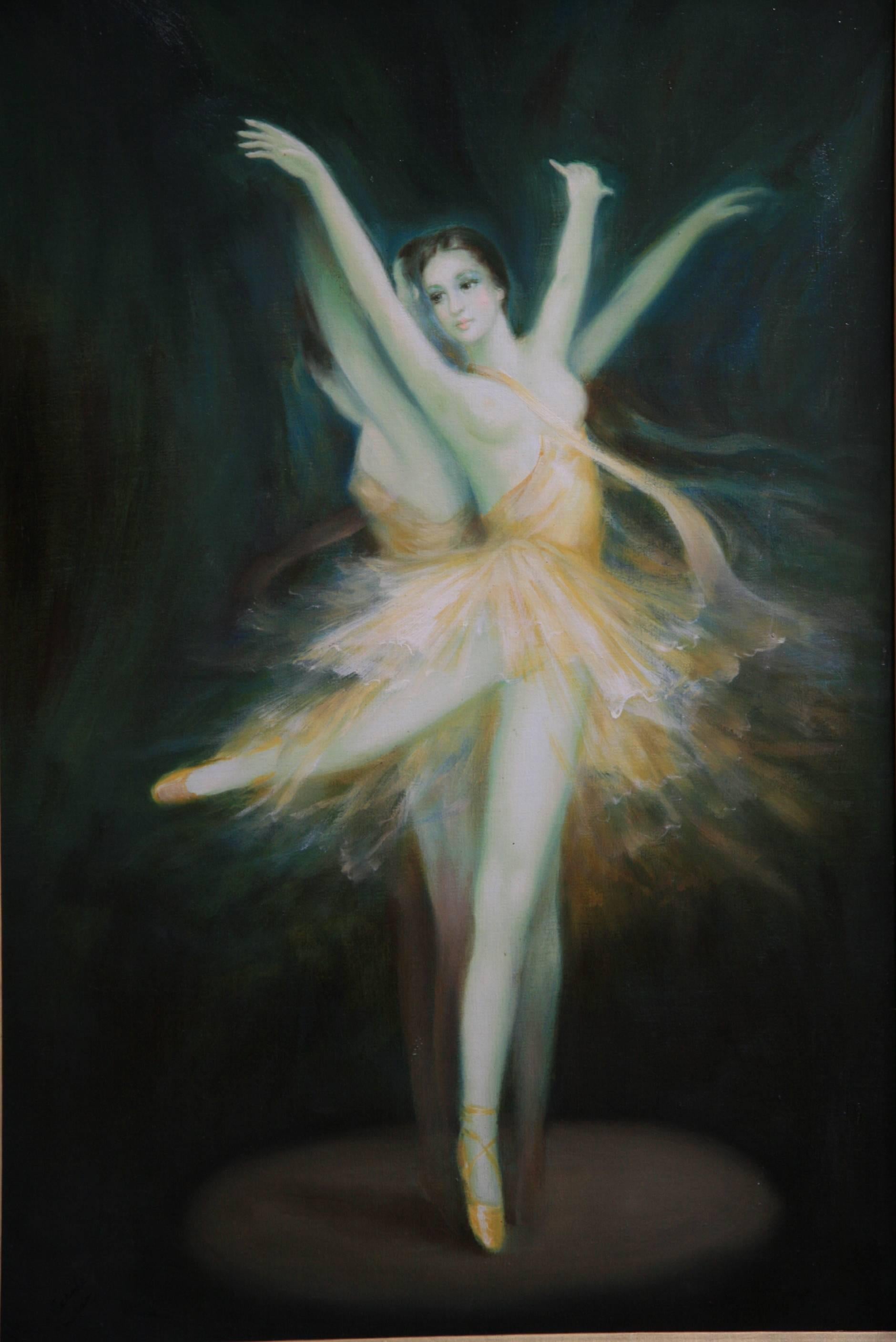 #5-3022 Ballerina a 1940's large scale oil on canvas Signed lower left by Carole Nelson,displayed in a gilt wood curved frame.