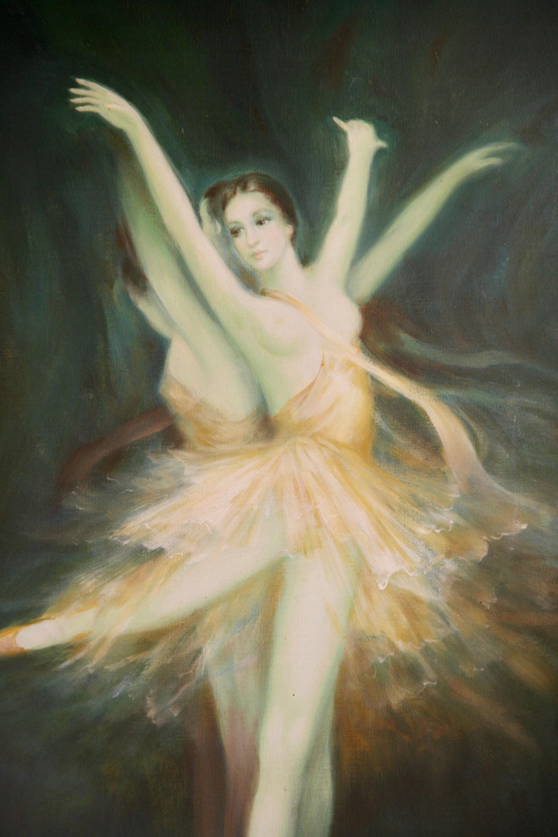 #Nr. 5-3022 Ballerina, ein großformatiges Öl auf Leinwand aus den 1940er Jahren, signiert unten links von Carole Nelson, in einem geschwungenen Rahmen aus vergoldetem Holz.