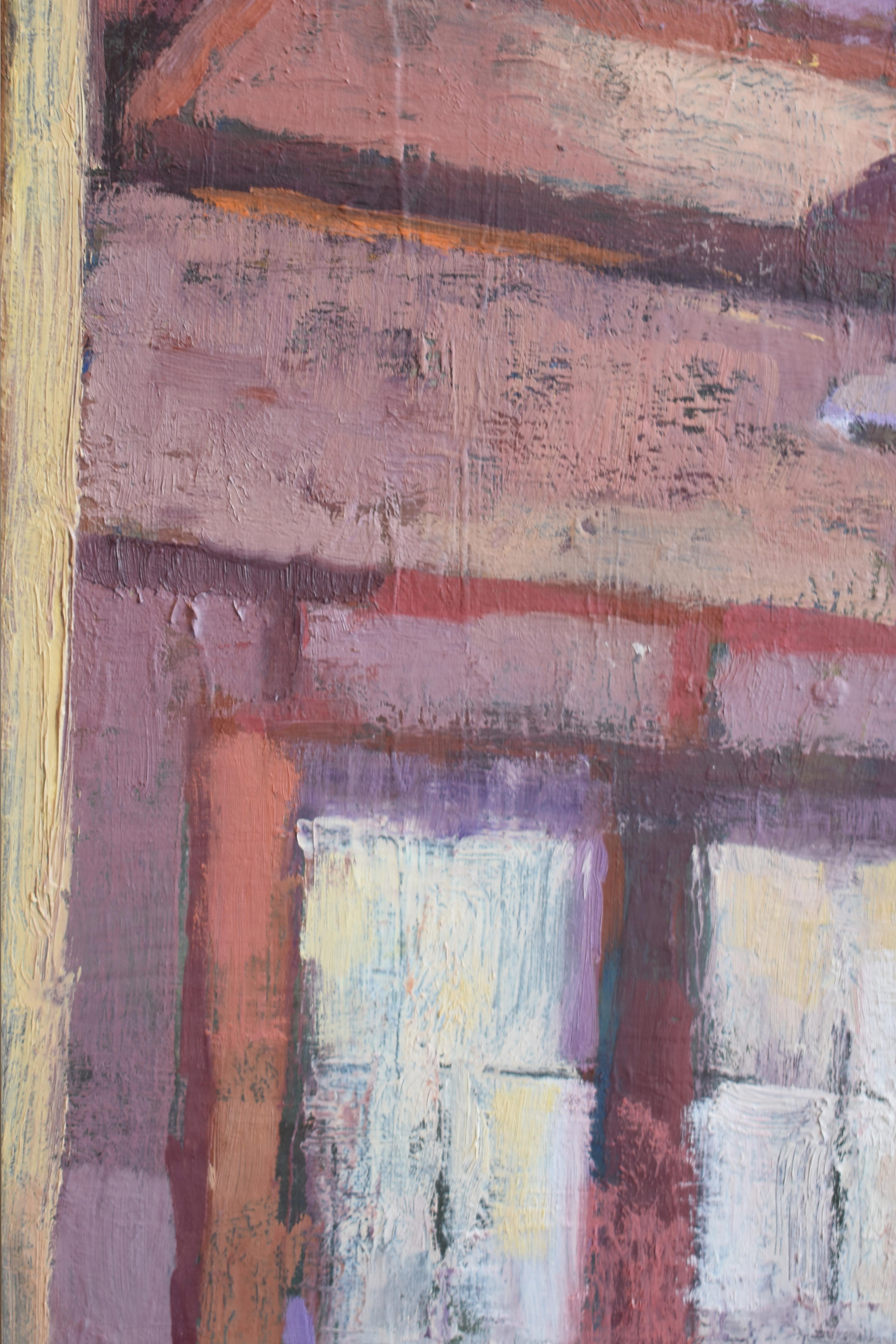 Carole Rabe’s Looking into Dining Room is a beautifully composed 24 x 12 inch oil on canvas that transforms a simple domestic view into a meditative interior landscape. In this intimate vertical format, Rabe invites the viewer to peer down a quiet