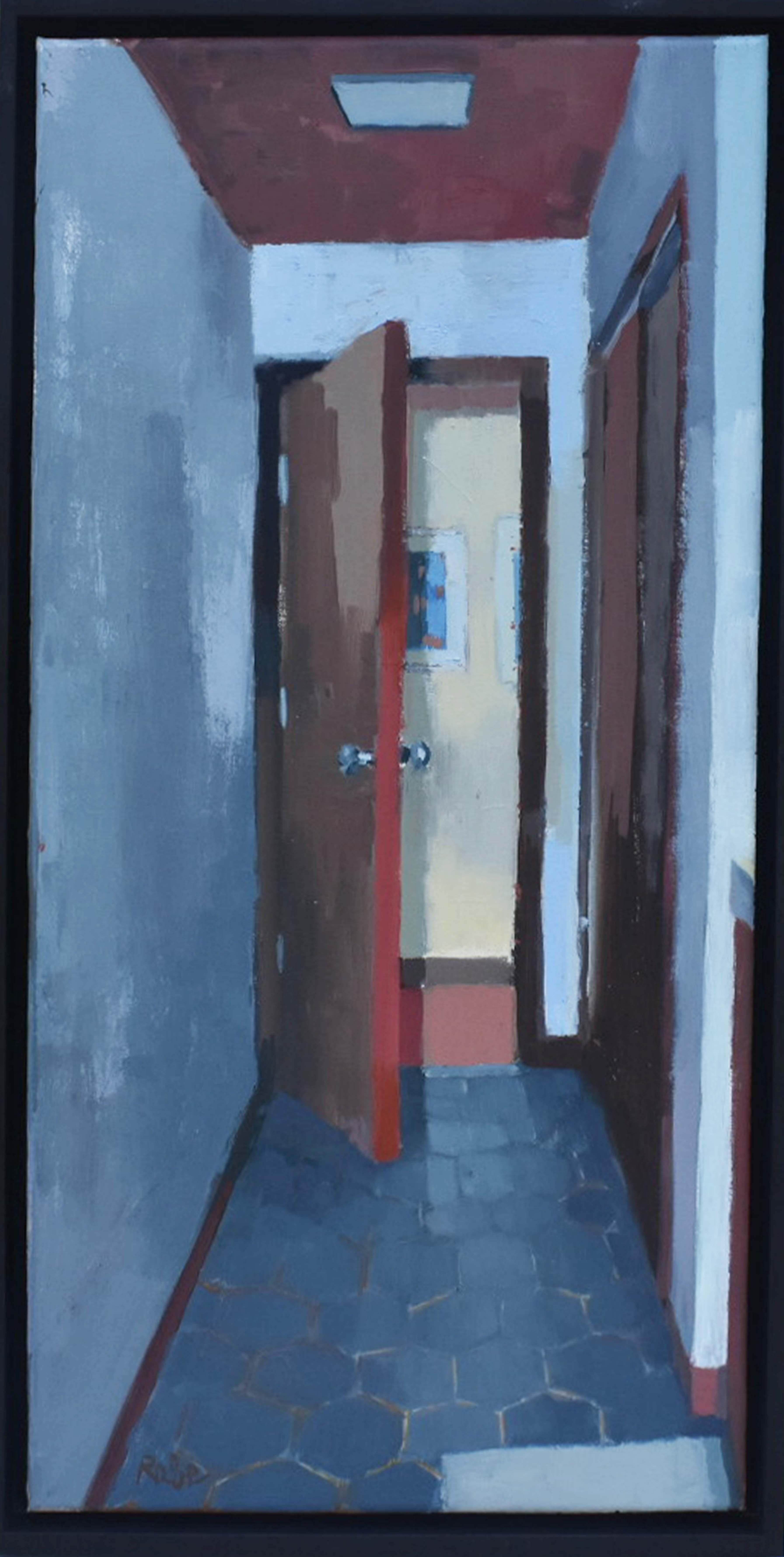 Open Door, Bathroom is a quietly compelling 24 x 12 inch oil painting by Carole Rabe, an artist known for her serene yet evocative interior scenes. In this vertical composition, Rabe offers a view down a narrow hallway, drawing the viewer’s gaze