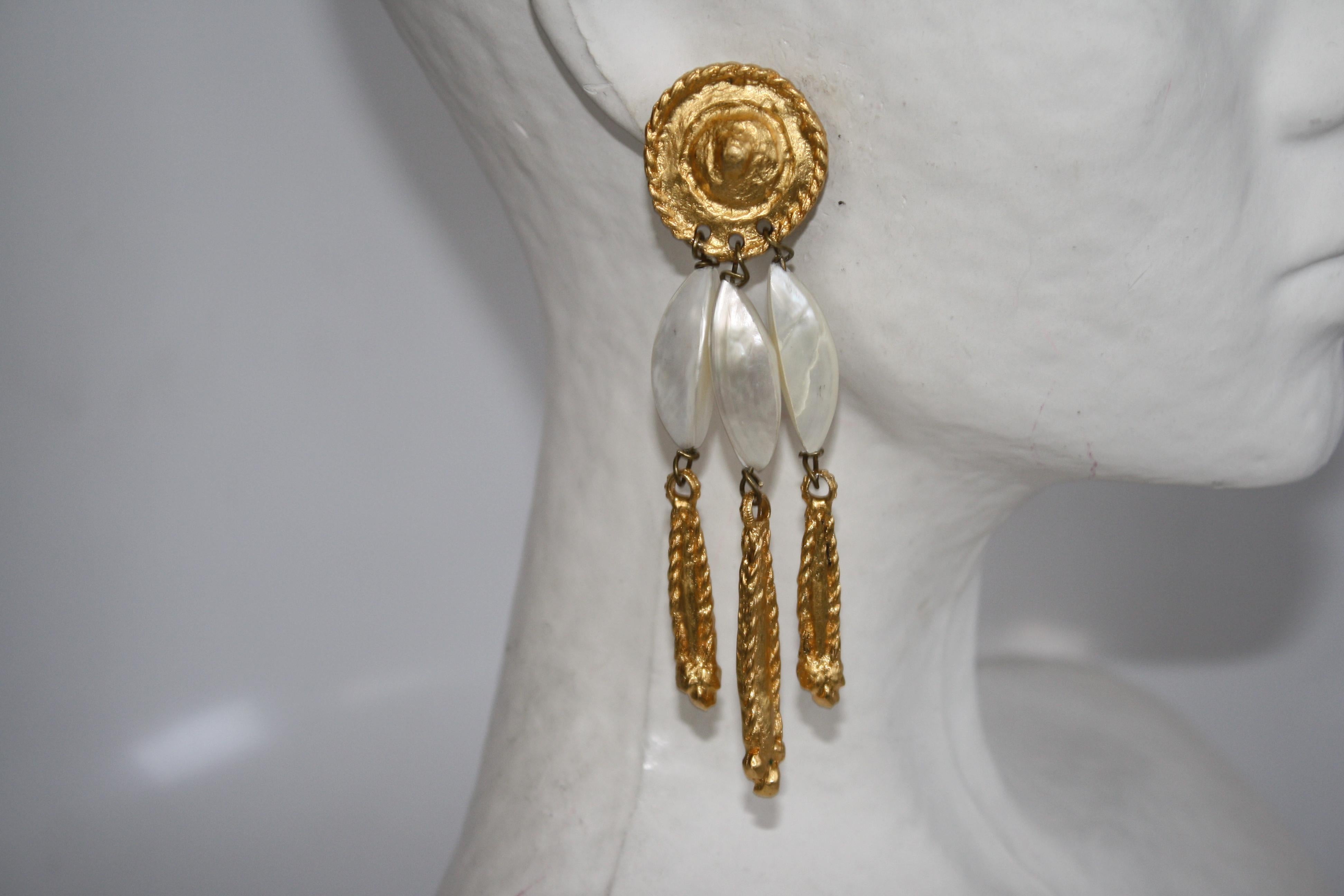 Handmade in Paris, France gilded bronze and baroque mother of pearl clip earrings from Carole Saint Germes.