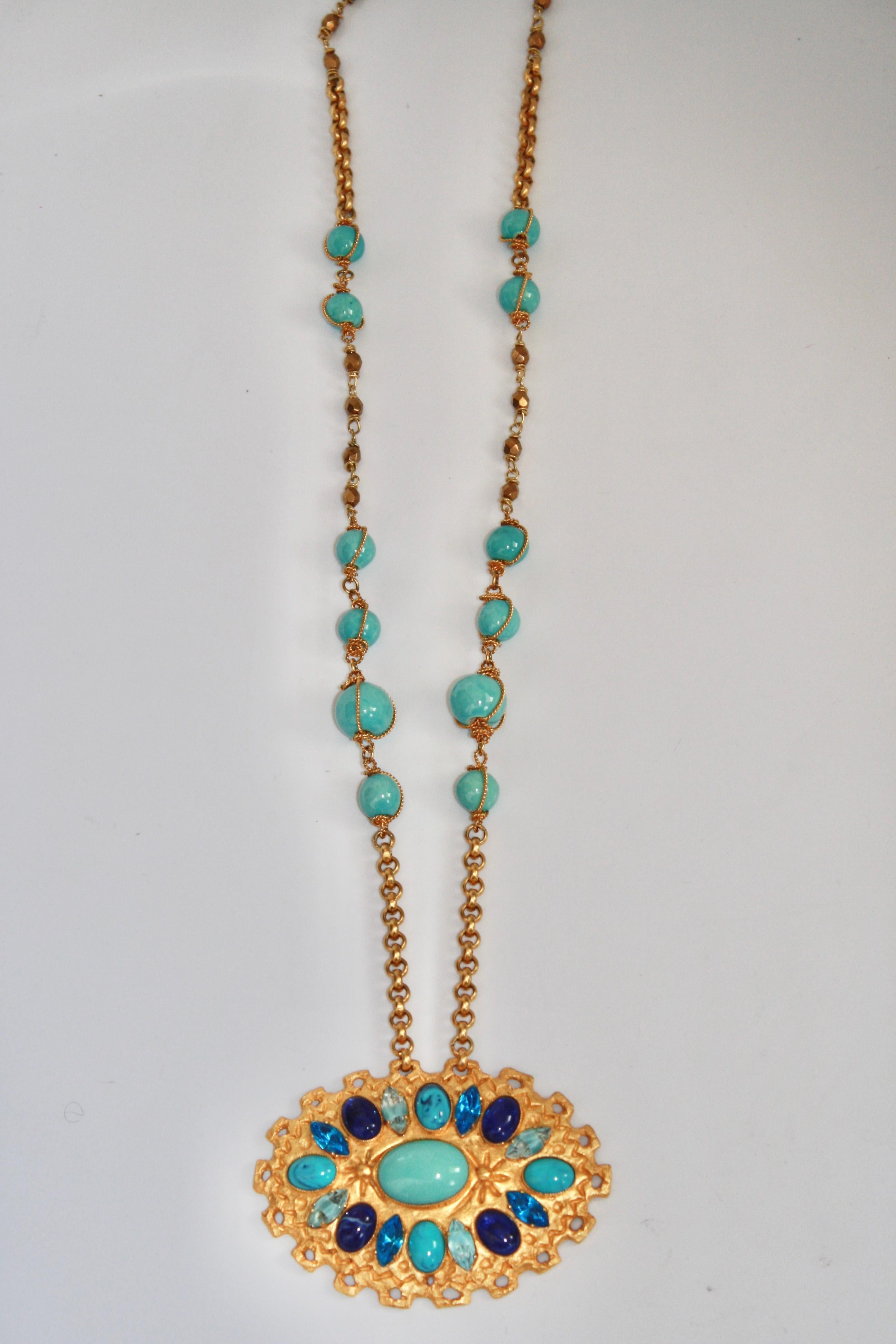 Carole St. Germes Turquoise Glass and Crystal Long Pendant Necklace In New Condition In Virginia Beach, VA