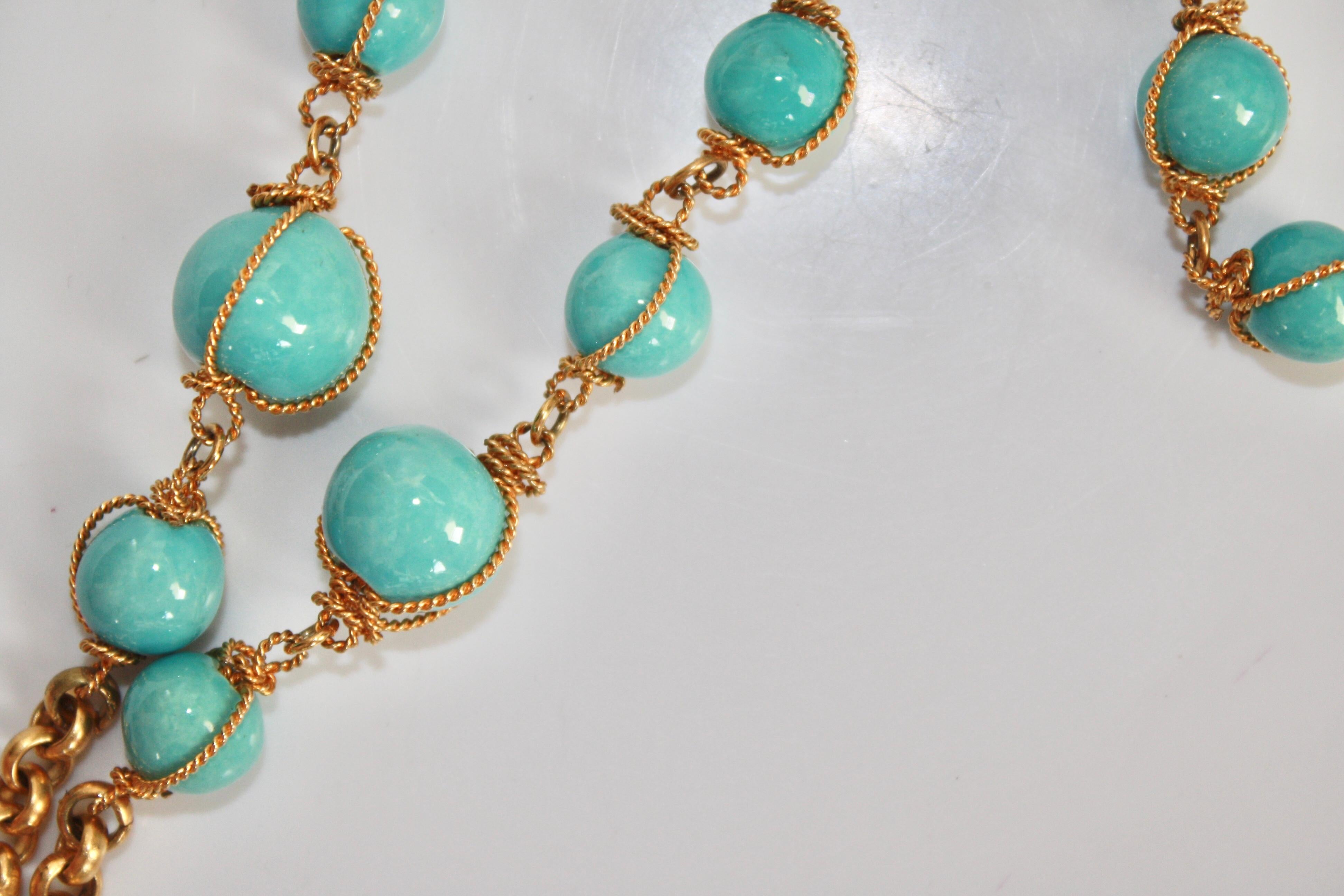 Carole St. Germes Turquoise Glass and Crystal Long Pendant Necklace 1