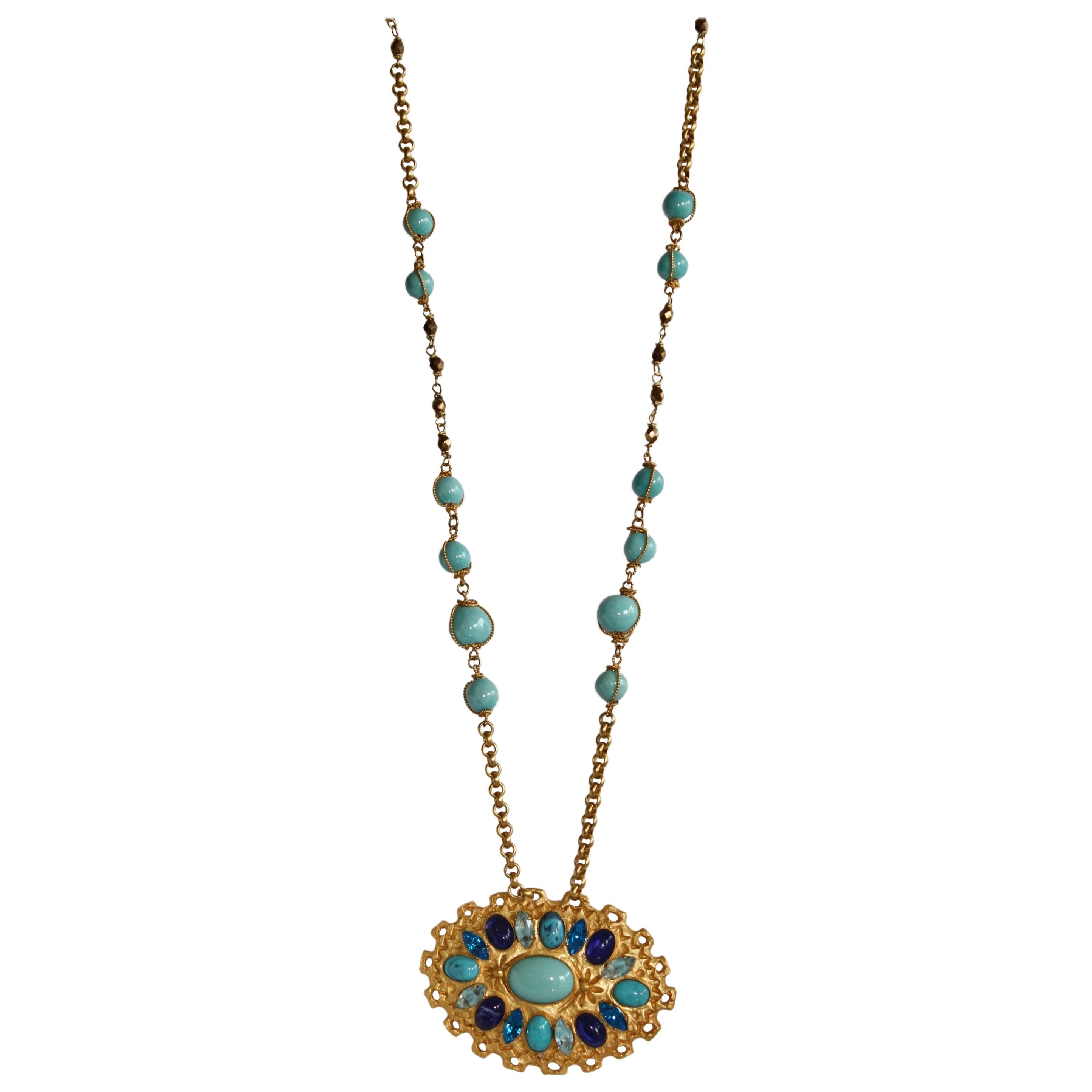 Carole St. Germes Turquoise Glass and Crystal Long Pendant Necklace
