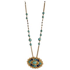 Carole St. Germes Turquoise Glass and Crystal Long Pendant Necklace