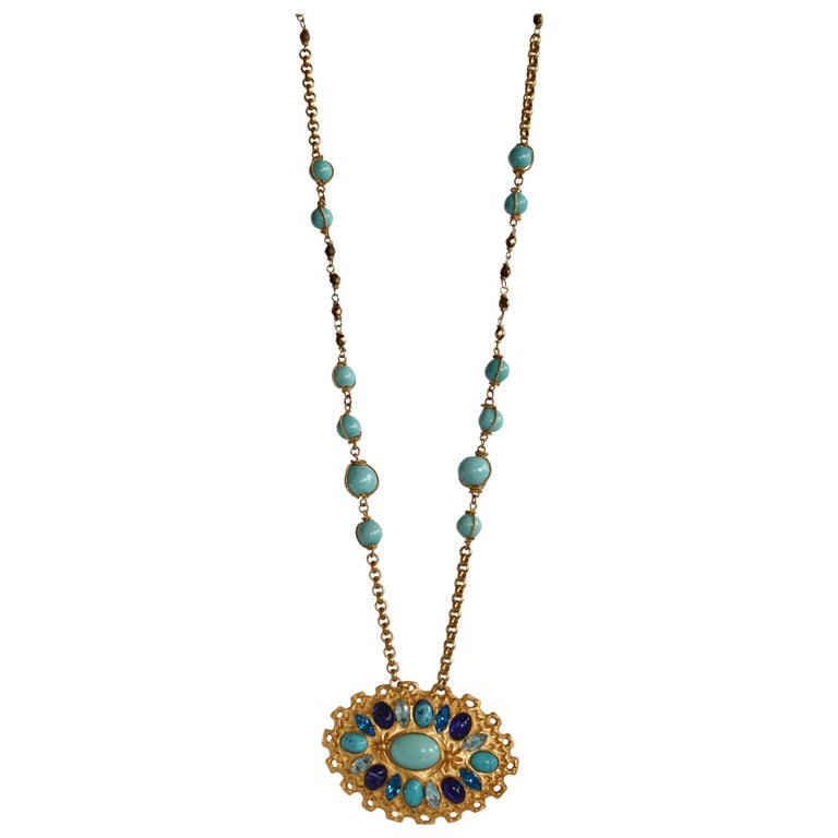 Carole St. Germes Turquoise Glass and Crystal Long Pendant Necklace For ...