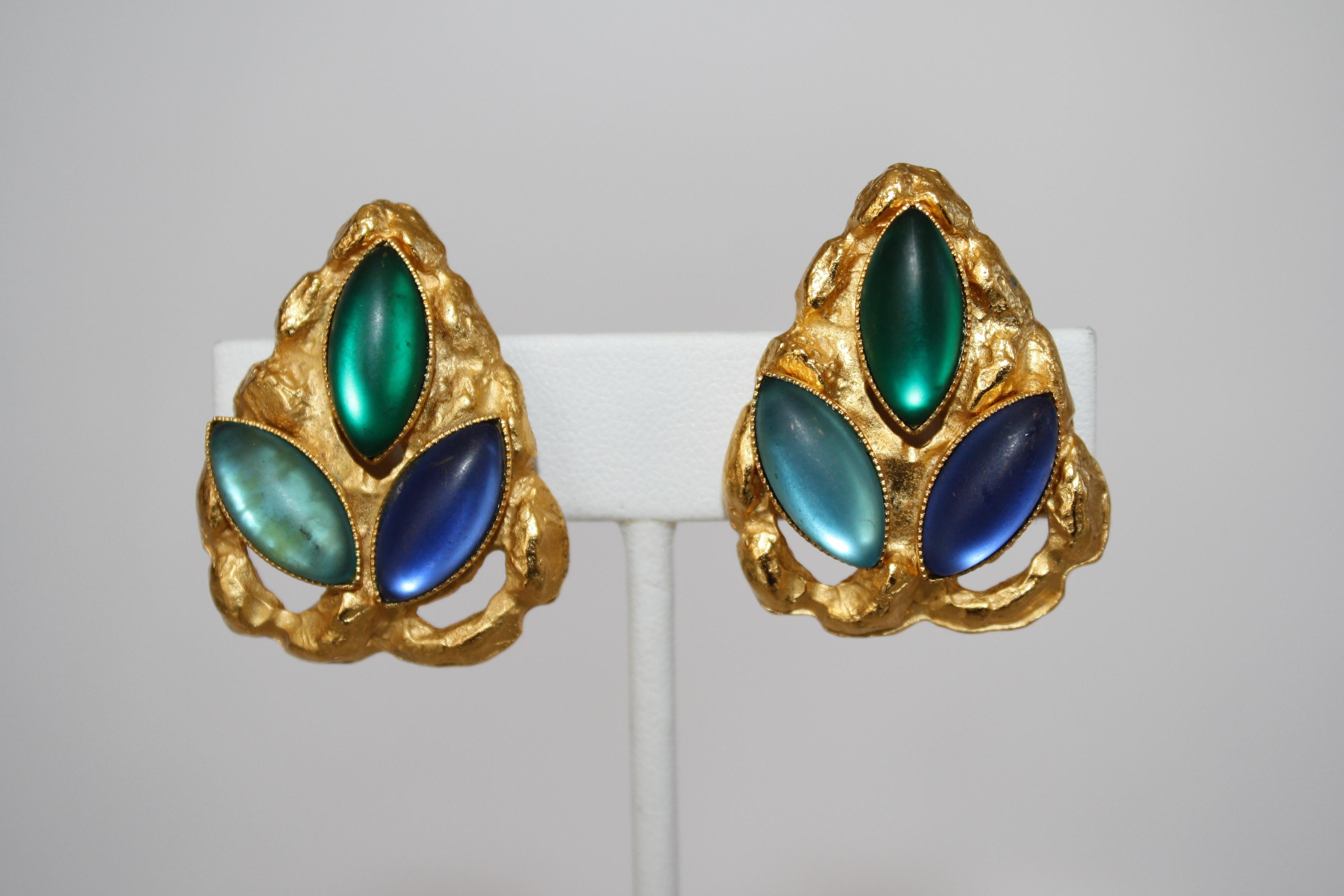 Green and blue vintage stone earrings on gold plated hammered clips from French designer Carole St. Germes. 